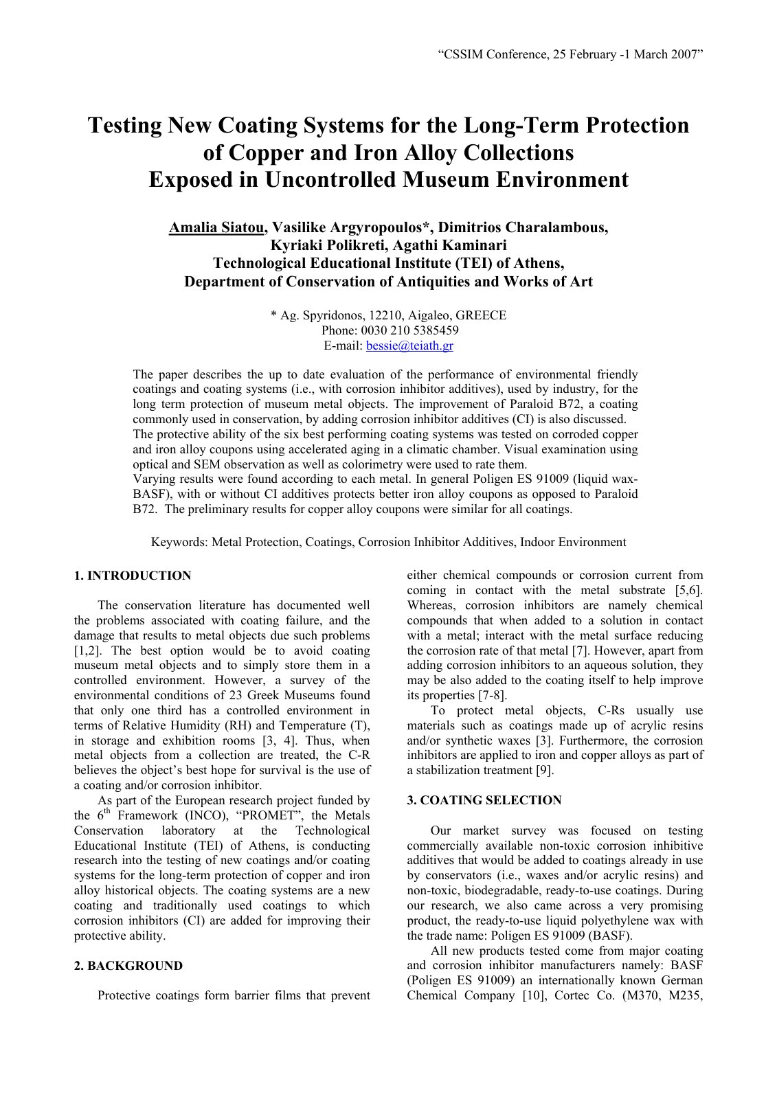 First page of Testing New Coating Systems for the Long-Term Protection of Copper and Iron Alloy Collections Exposed in Uncontrolled Museum Environment