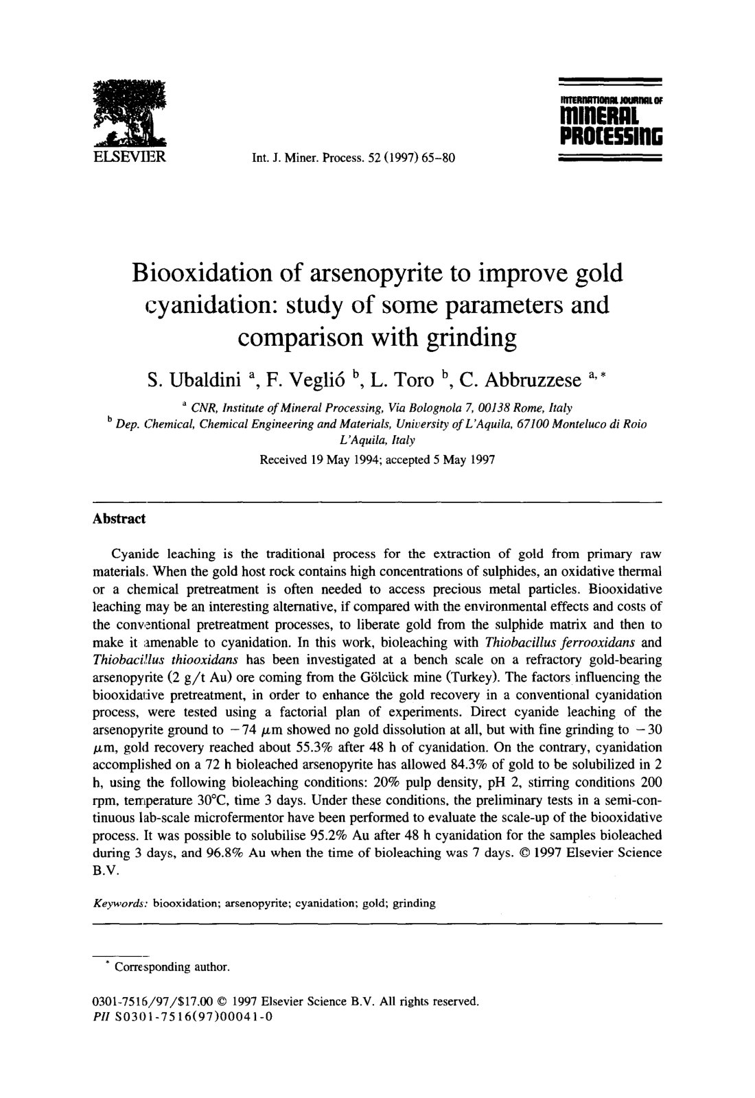First page of Biooxidation of arsenopyrite to improve