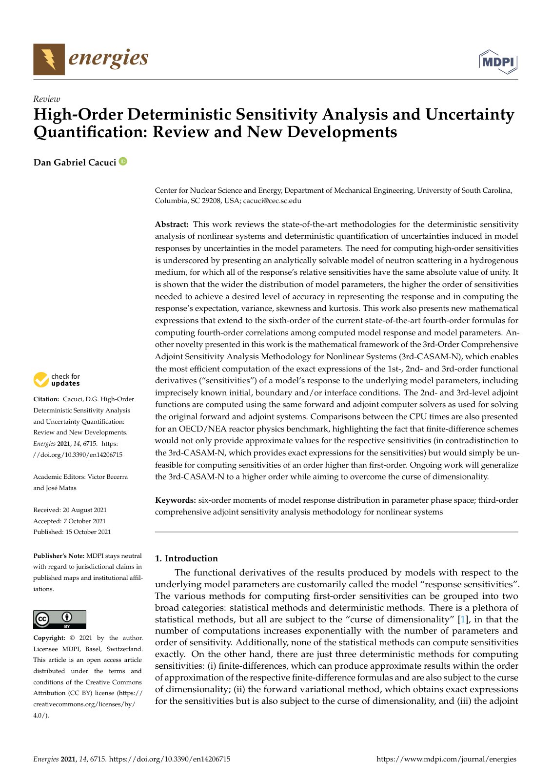 First page of High-Order Deterministic Sensitivity Analysis and Uncertainty Quantification: Review and New Developments