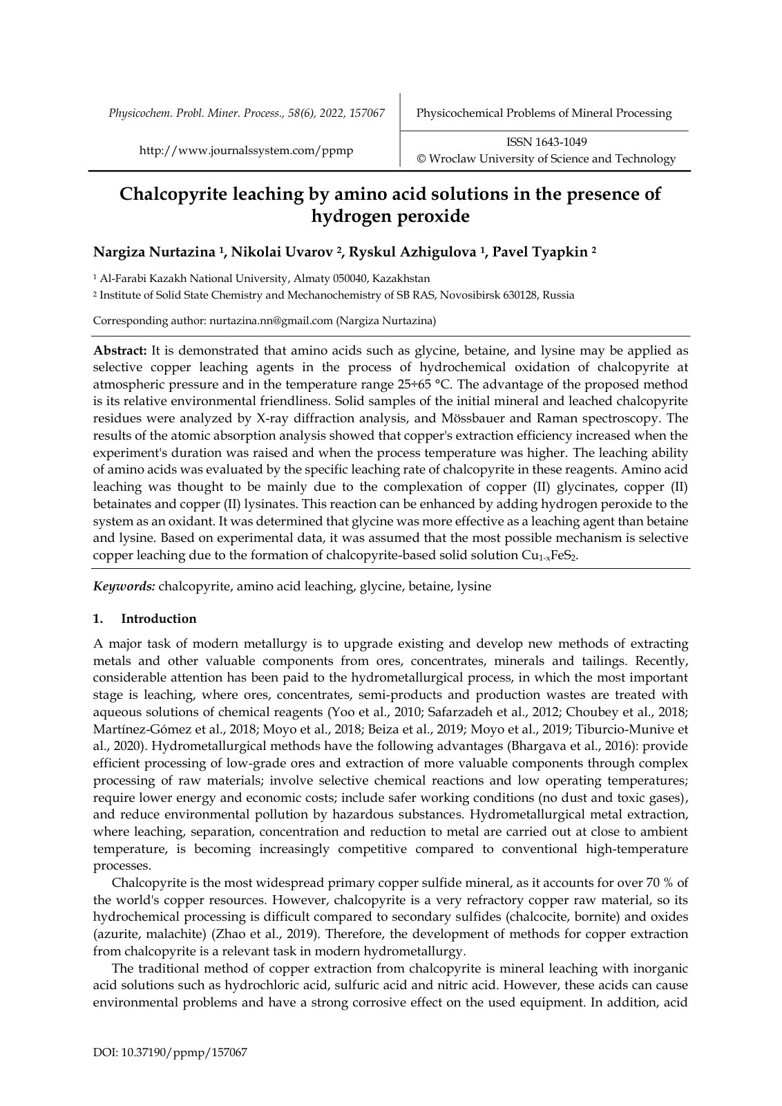 First page of Chalcopyrite leaching by amino acid solutions in the presence of hydrogen peroxide