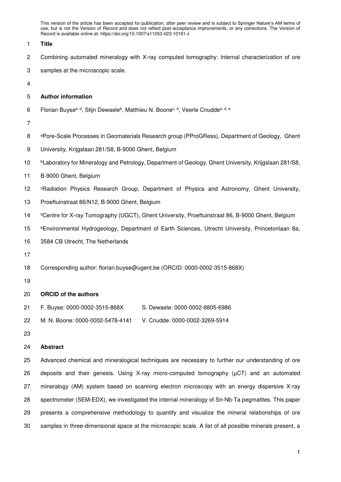 First page of Combining automated mineralogy with X-ray computed tomography : Internal characterization of ore samples at the microscopic scale.