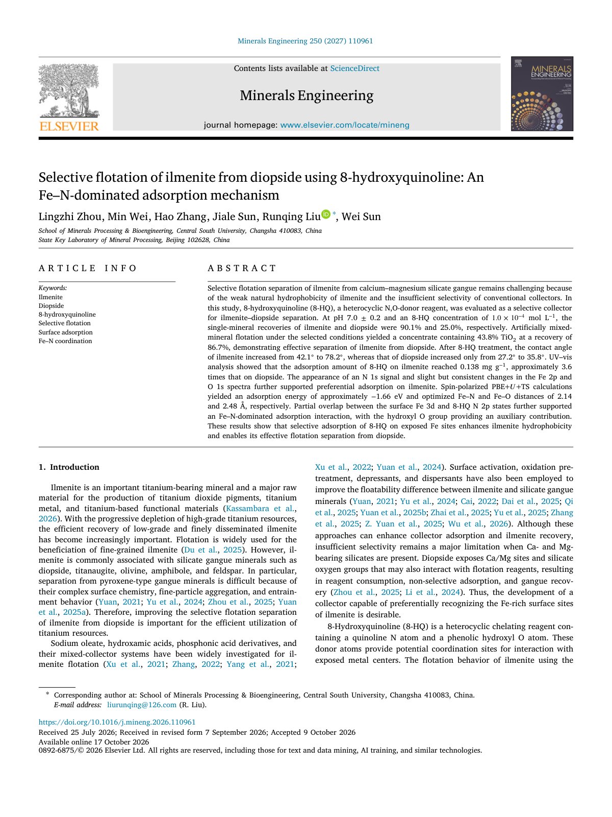 First page of Selective flotation of ilmenite from diopside using 8 hydrox 2027 Minerals E