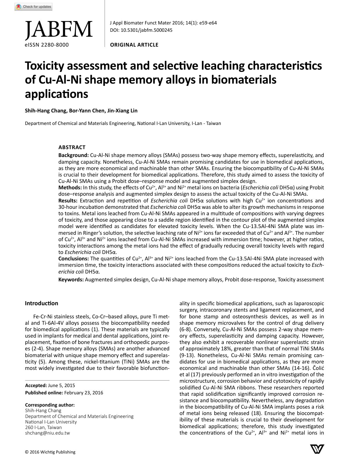 First page of Toxicity assessment and selective leaching characteristics of Cu-Al-Ni shape memory alloys in biomaterials applications