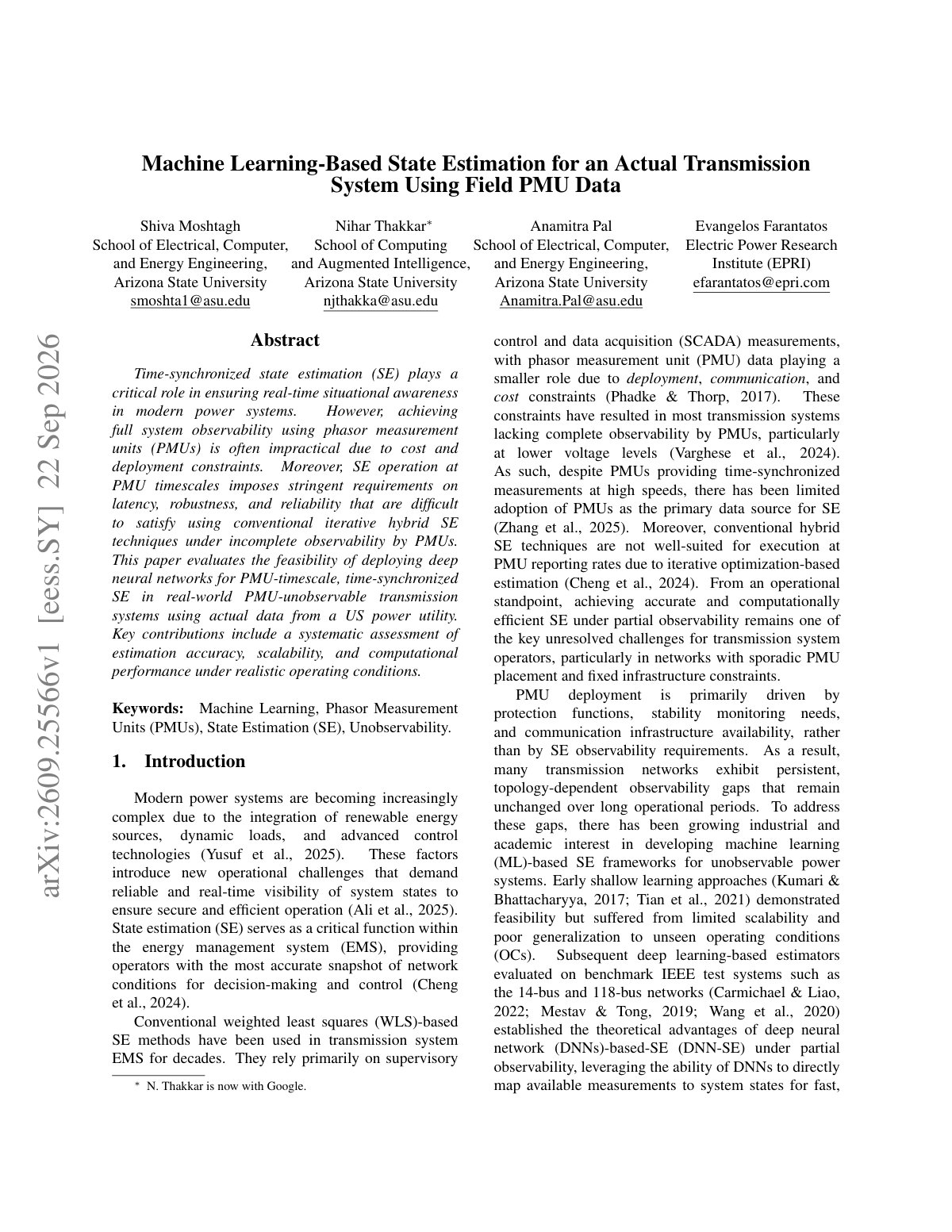 First page of Machine Learning-Based State Estimation for an Actual Transmission System Using Field PMU Data