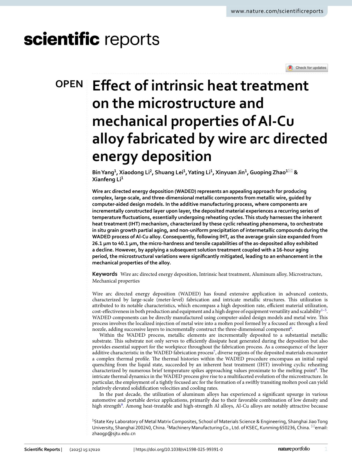 First page of 2025 Yang Intrinsic Heat Treatment Al Cu WAAM
