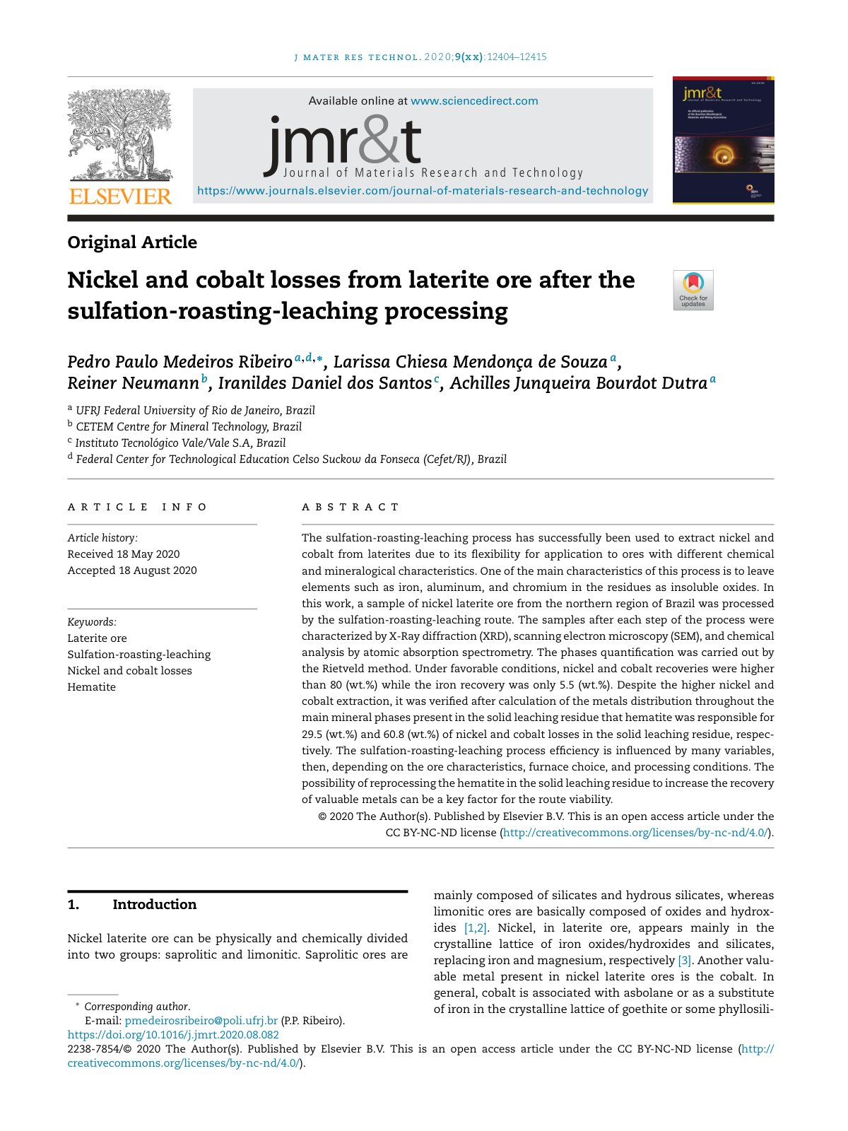 First page of Nickel and cobalt losses from laterite o