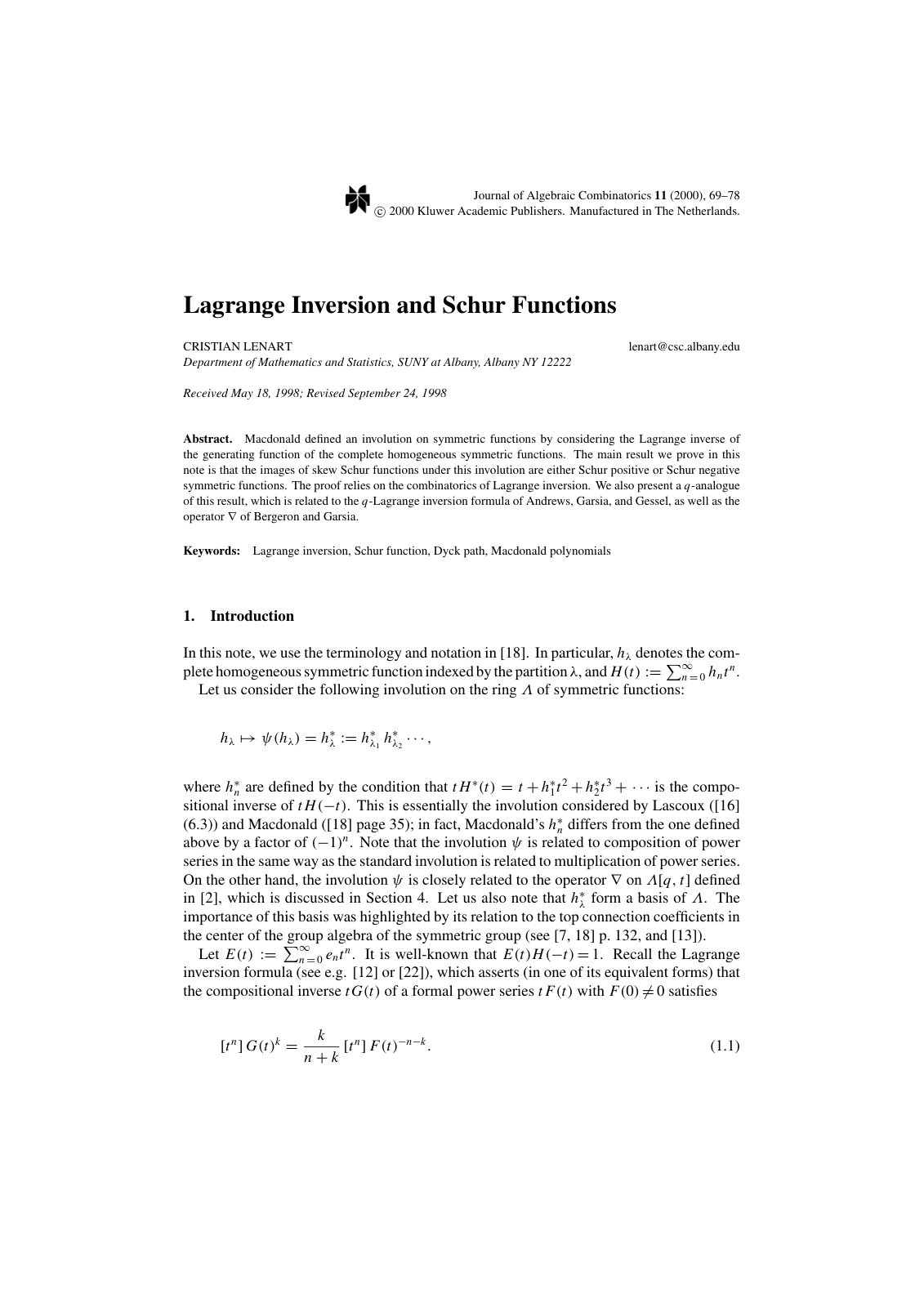 First page of Lagrange Inversion and Schur Functions