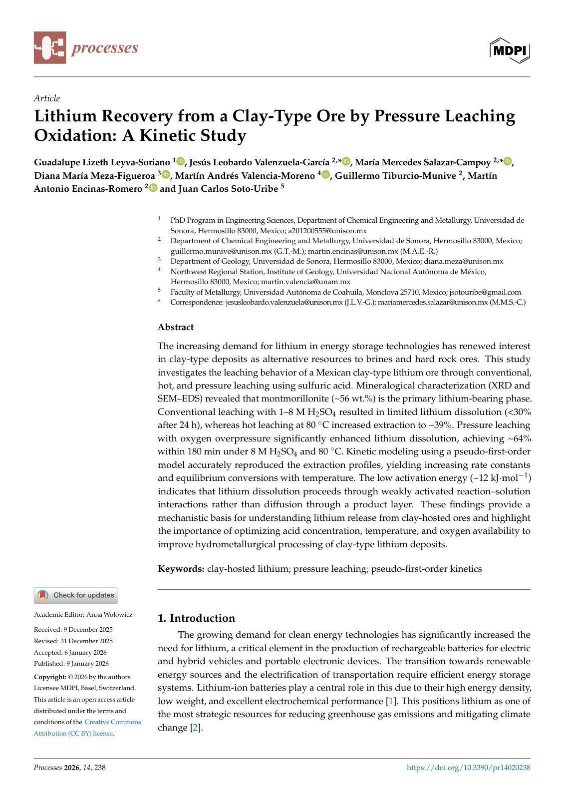 First page of Lithium Recovery from a Clay-Type Ore by Pressure Leaching Oxidation: A Kinetic Study