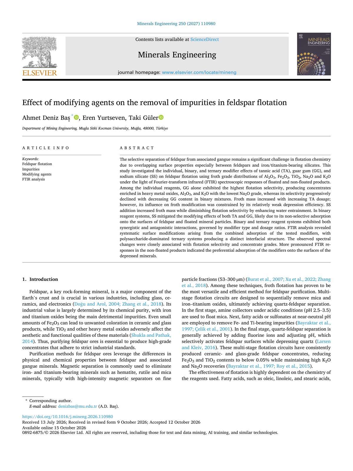 First page of Effect of modifying agents on the removal of impurities  2027 Minerals Engin