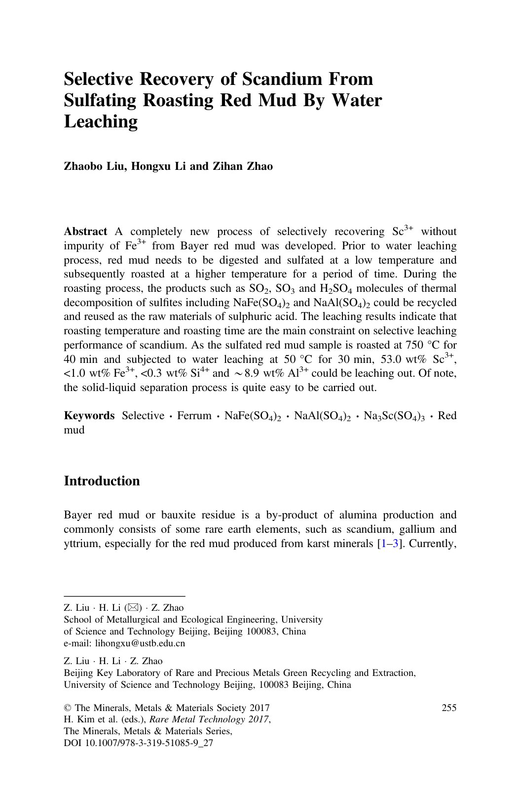 First page of Selective Recovery of Scandium From Sulfating Roasting Red Mud By Water Leaching
