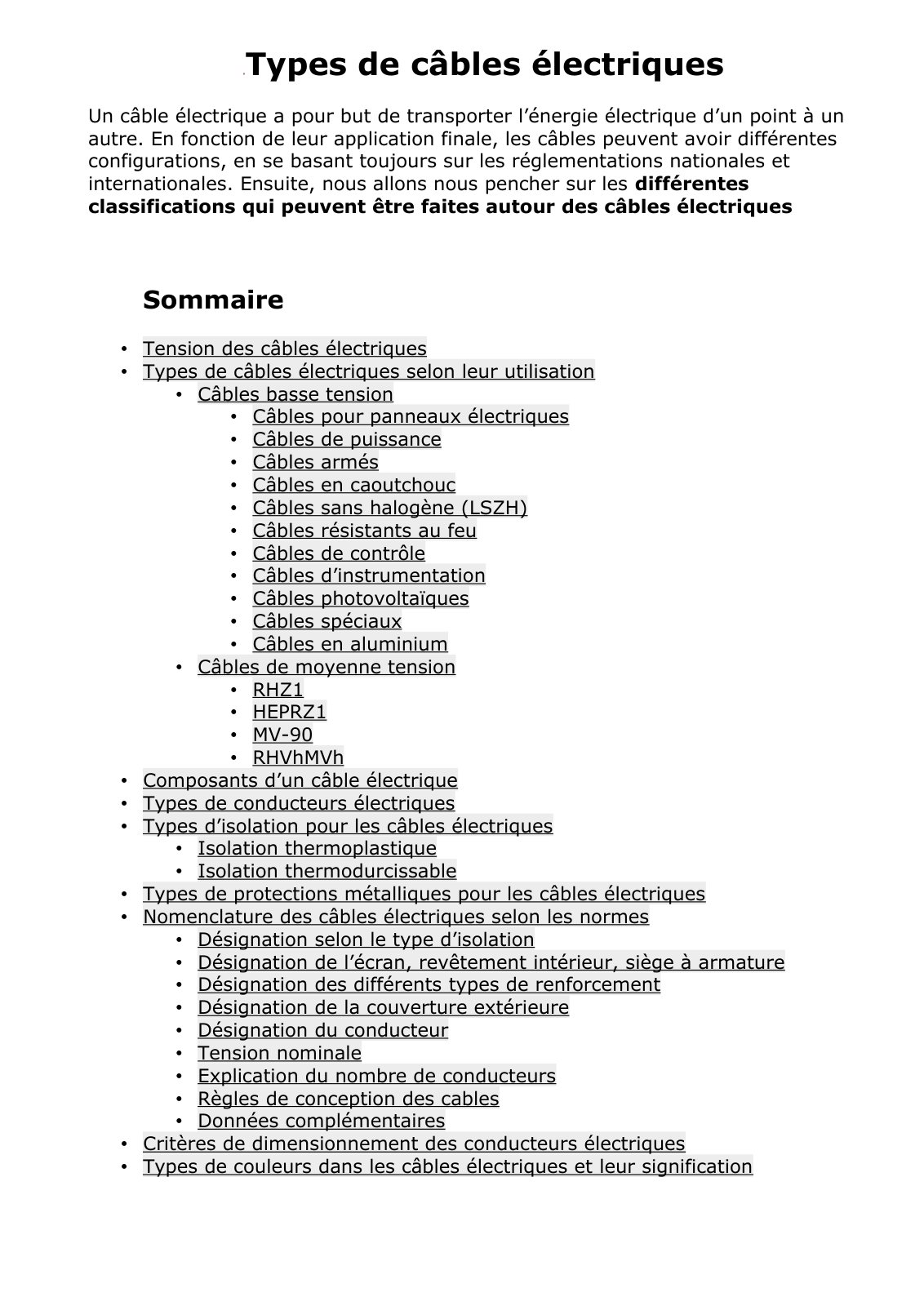 First page of types cables