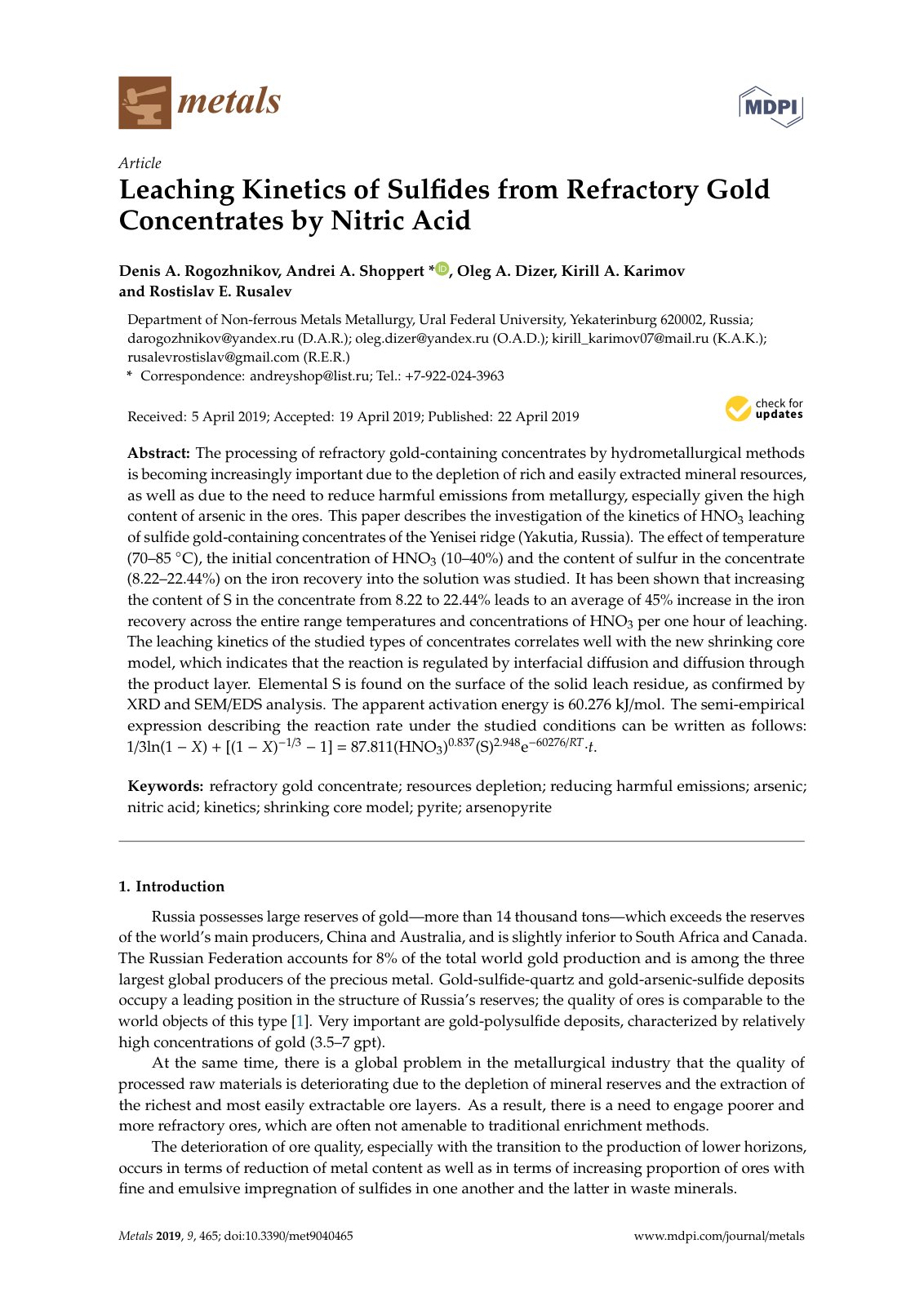 First page of Leaching Kinetics of Sulfides from Refractory Gold Concentrates by Nitric Acid