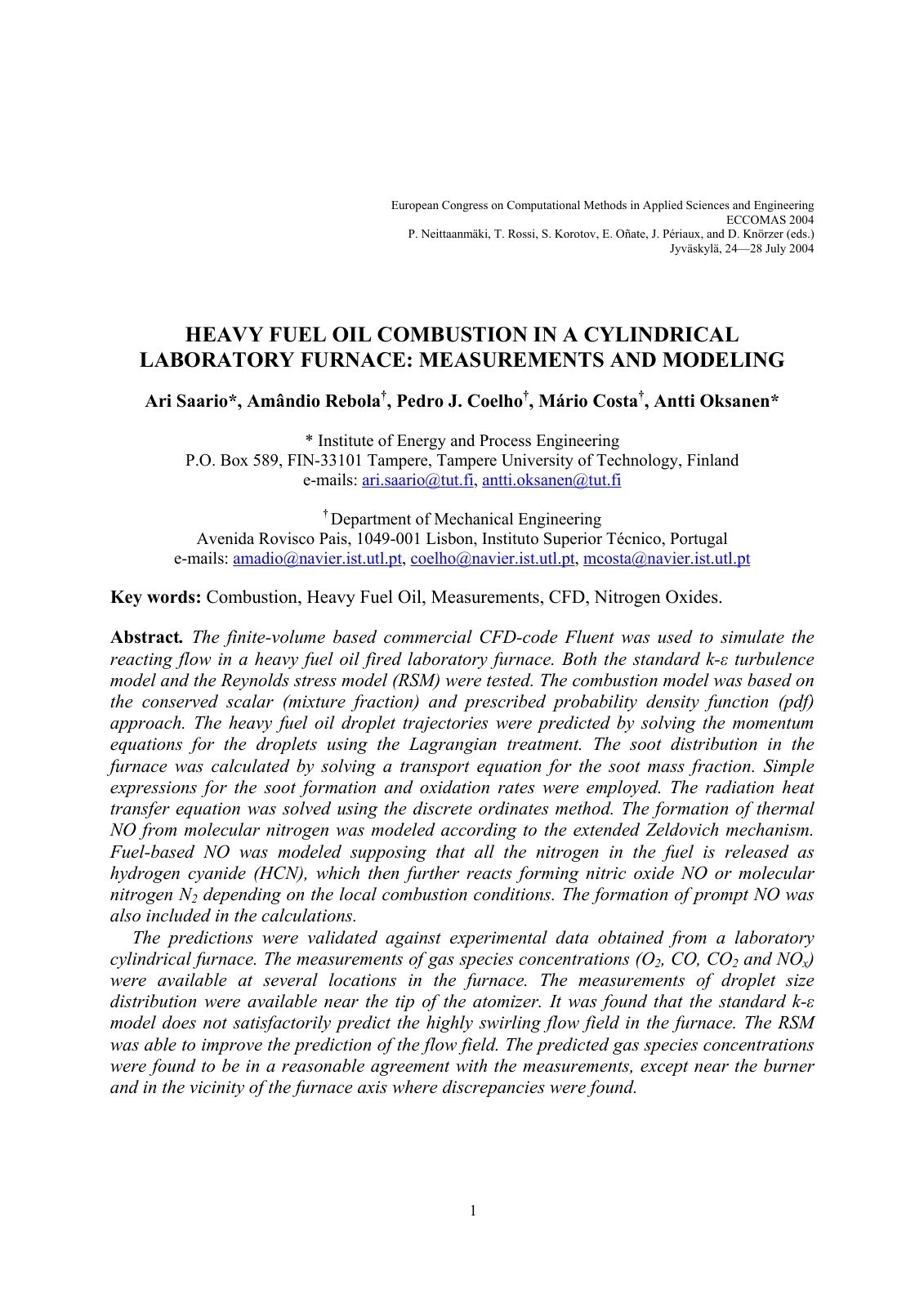 First page of HEAVY FUEL OIL COMBUSTION IN A CYLINDRICAL LABORATORY FURNACE: MEASUREMENTS AND MODELING
