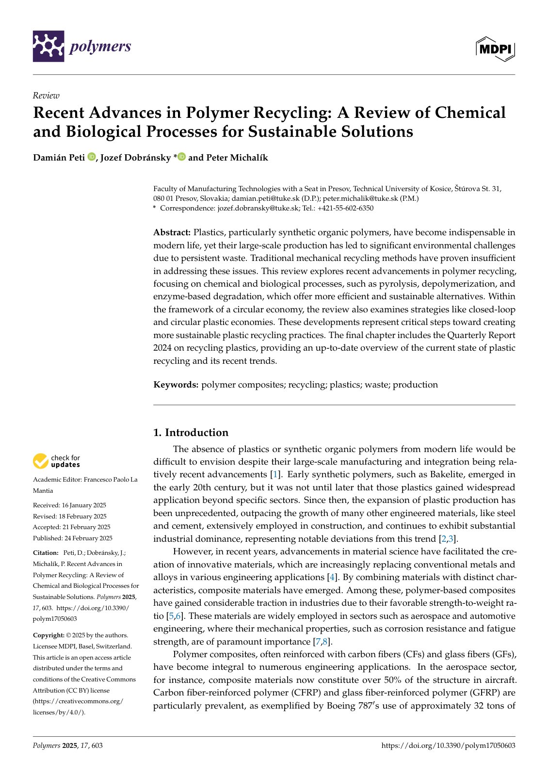 First page of Recent Advances in Polymer Recycling: A Review of Chemical and Biological Processes for Sustainable Solutions
