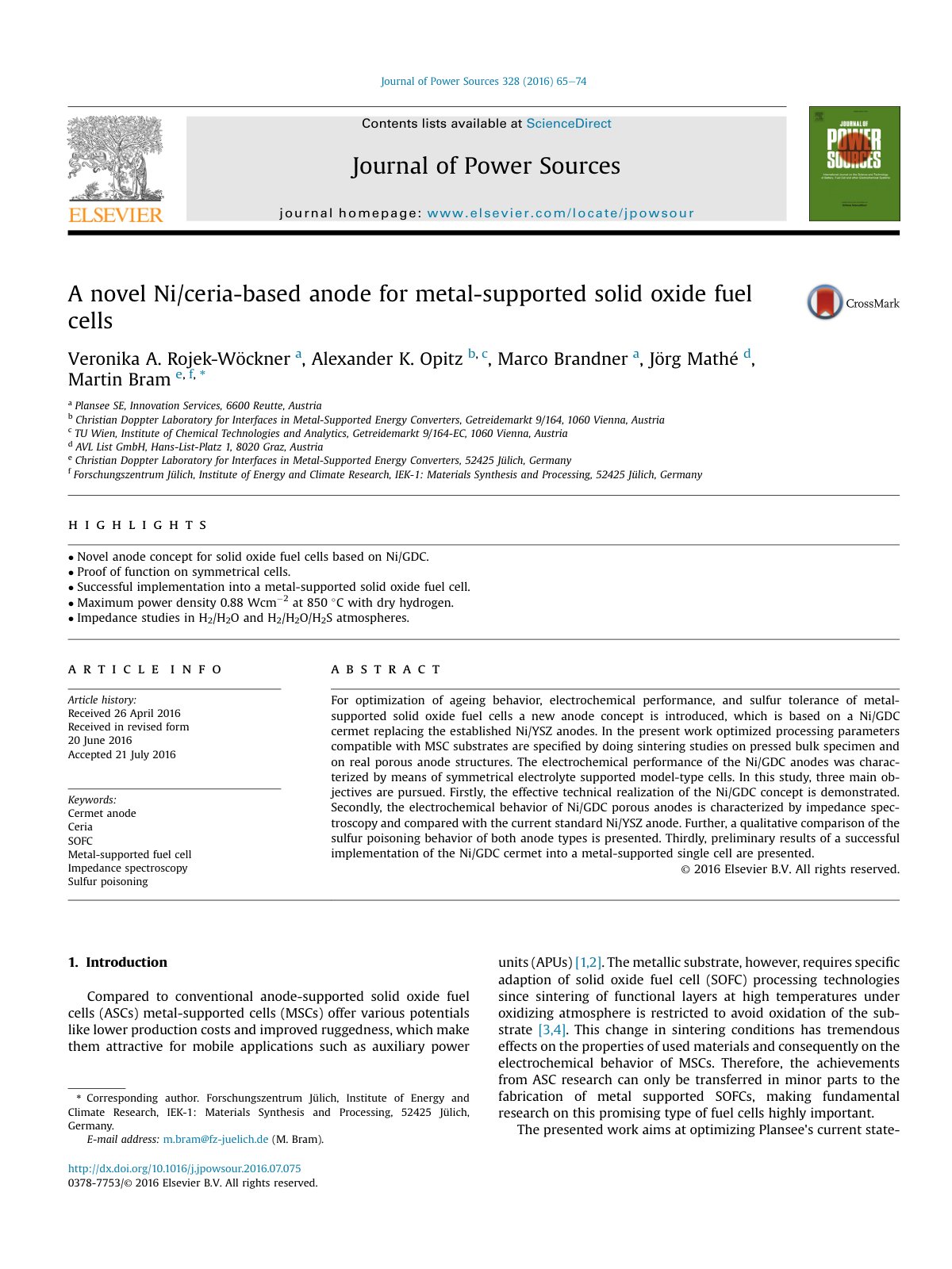 First page of A novel Ni/ceria-based anode for metal-supported solid oxide fuel cells