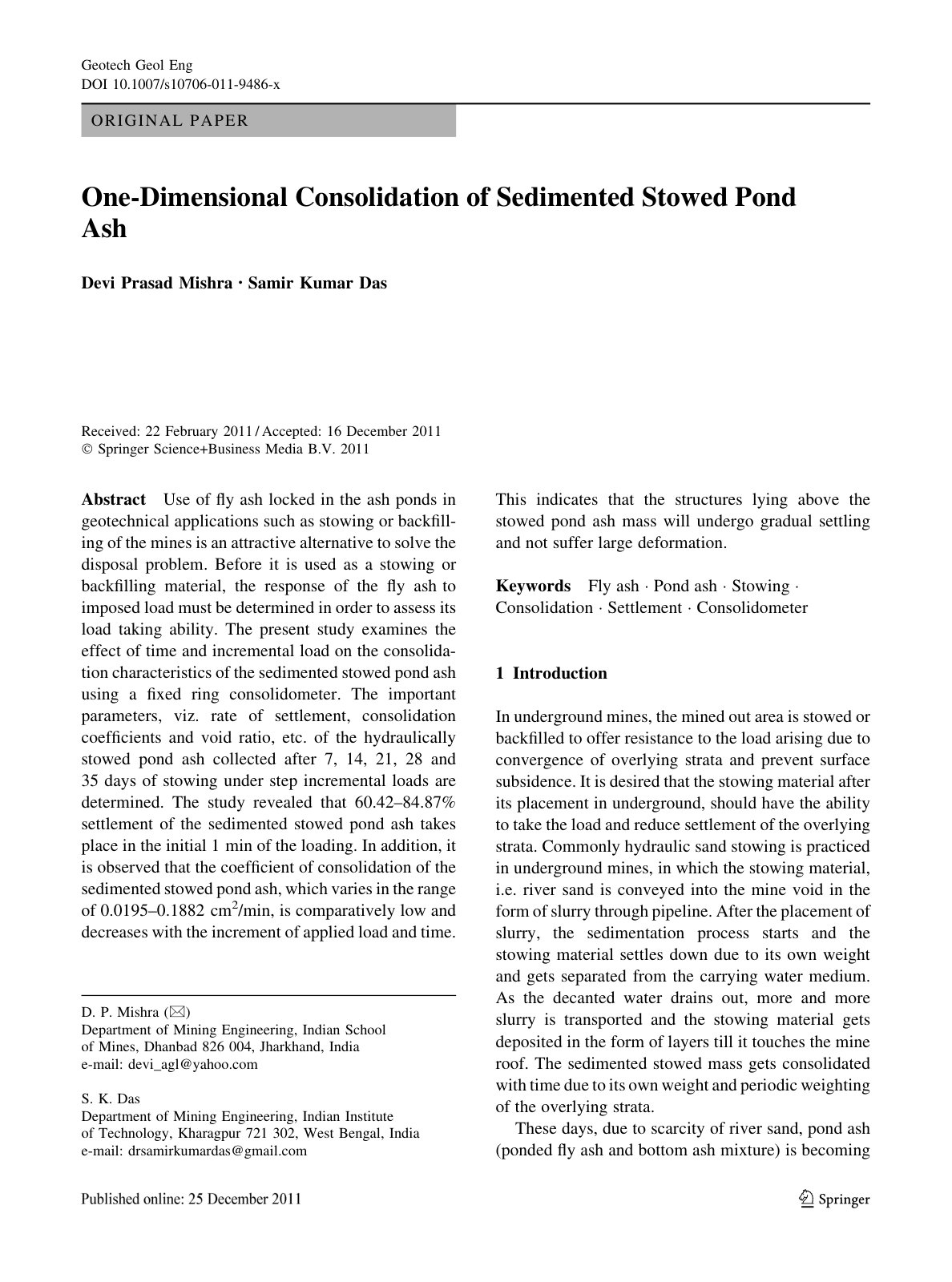 First page of One Dimensional Consolidation of Sedimen