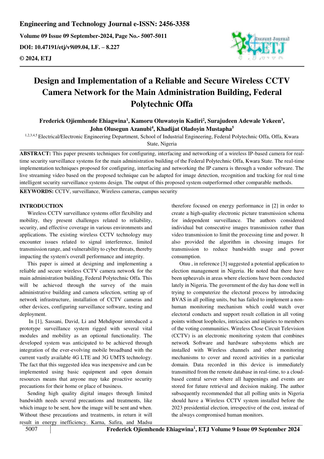 First page of Design and Implementation of a Reliable and Secure Wireless CCTV 