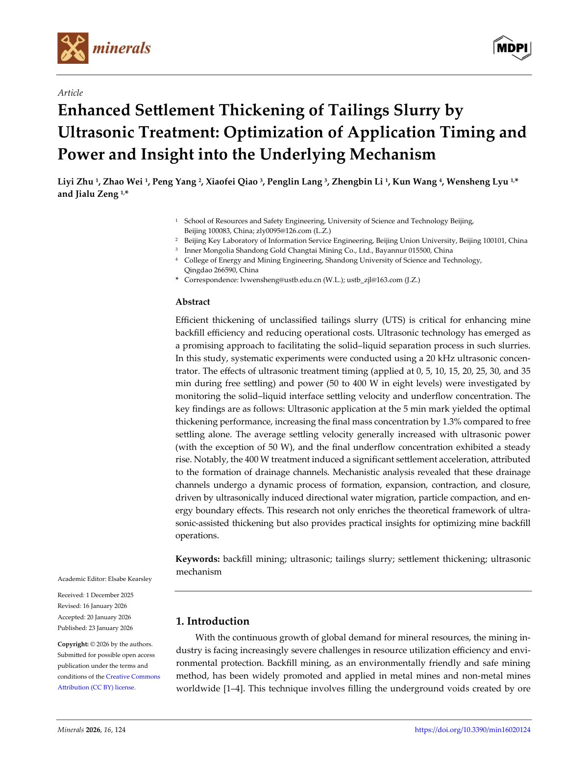 First page of Enhanced Settlement Thickening of Tailings Slurry by Ultrasonic Treatment: Optimization of Application Timing and Power and Insight into the Underlying Mechanism