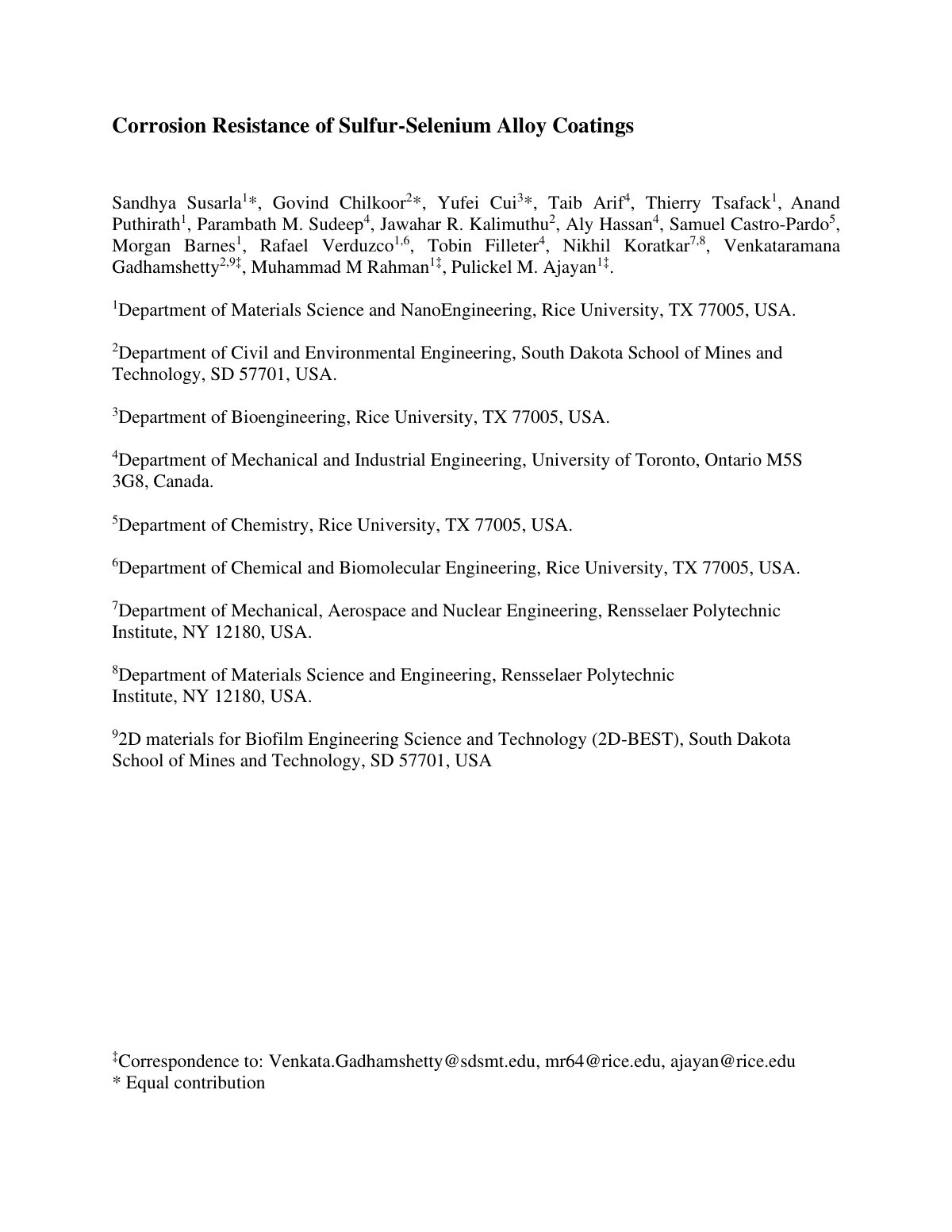 First page of 2020 Susarla Sulfur Selenium Alloy Corrosion Resistant Coatings