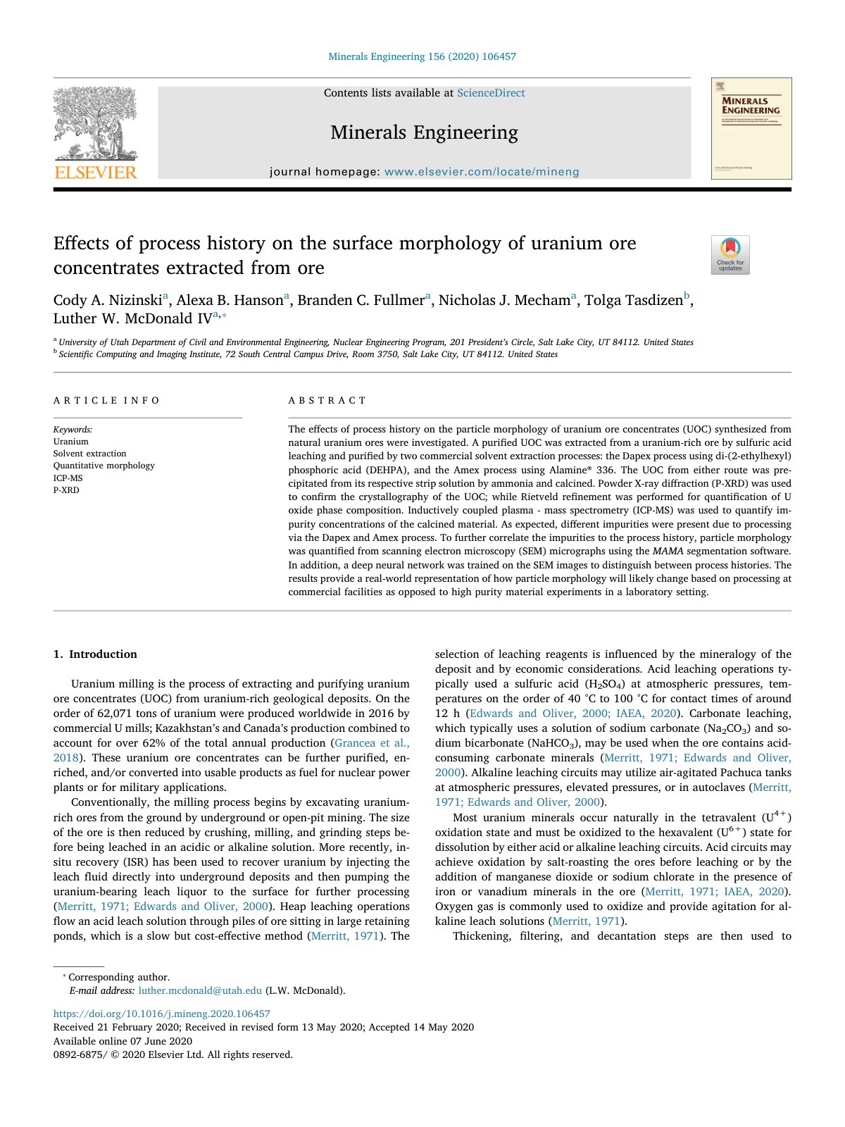 First page of Effects of process history on the surface morphology of ura 2020 Minerals En