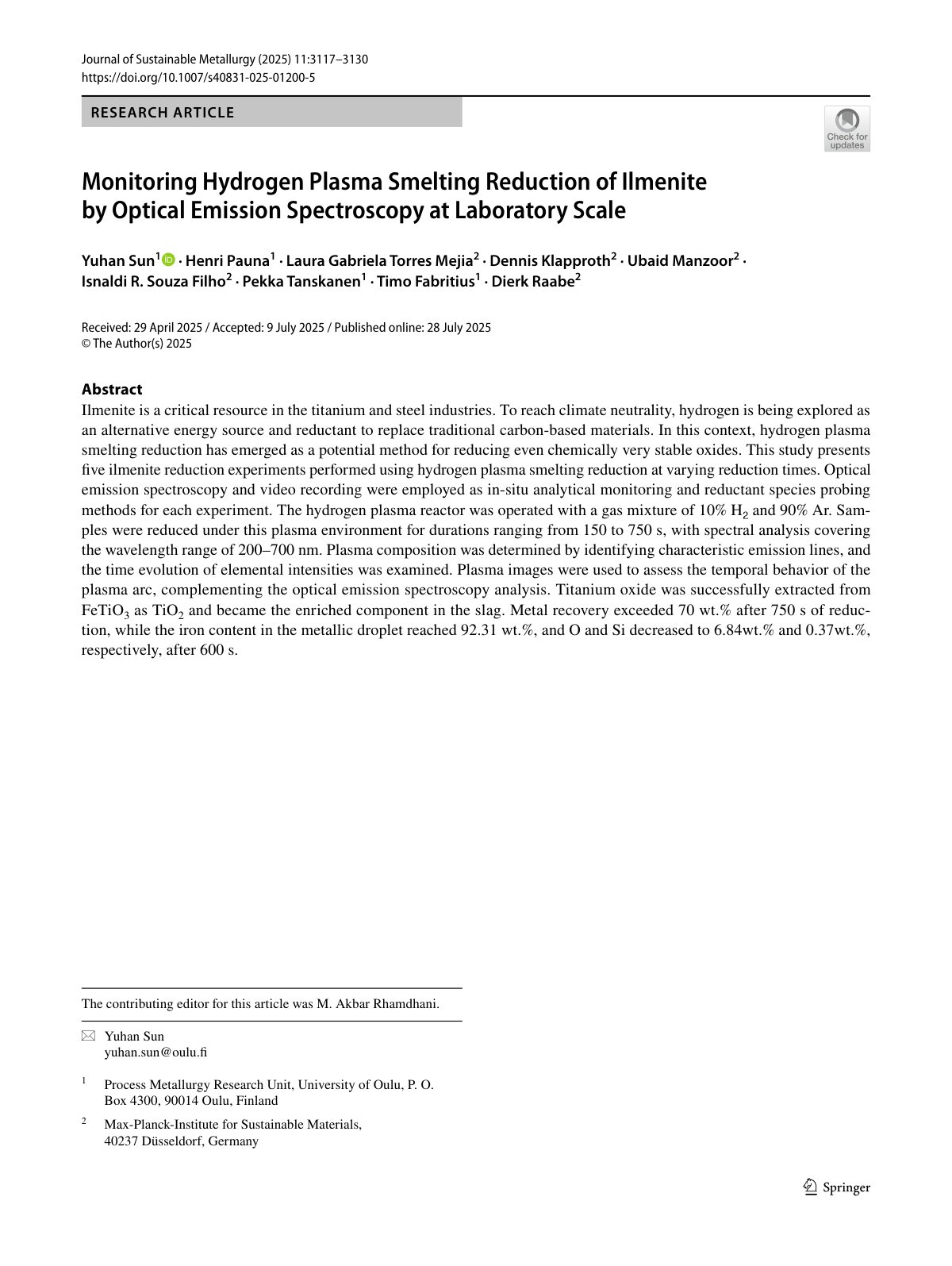 First page of 2025 Sun Hydrogen Plasma Ilmenite Reduction