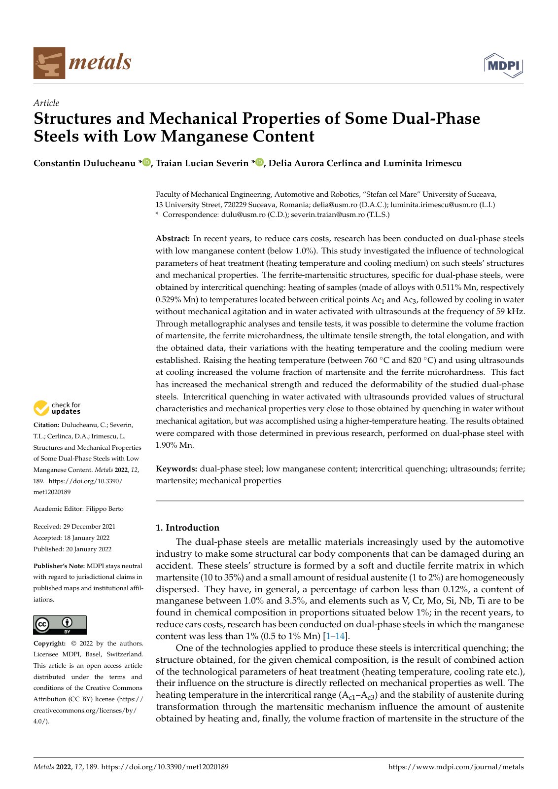 First page of Structures and Mechanical Properties of Some Dual-Phase Steels with Low Manganese Content