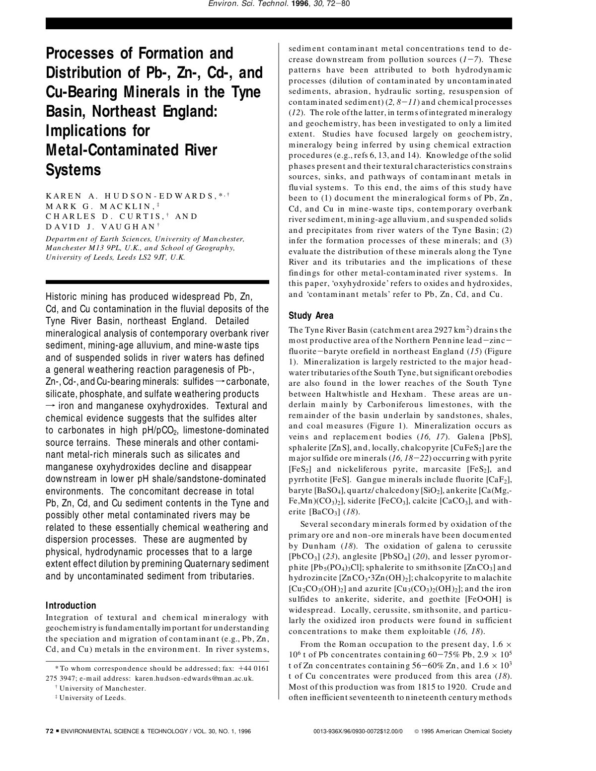 First page of Processes of Formation and Distribution of Pb-, Zn-, Cd-, and Cu-Bearing Minerals in the Tyne Basin, Northeast England: Implications for Metal-Contaminated River Systems