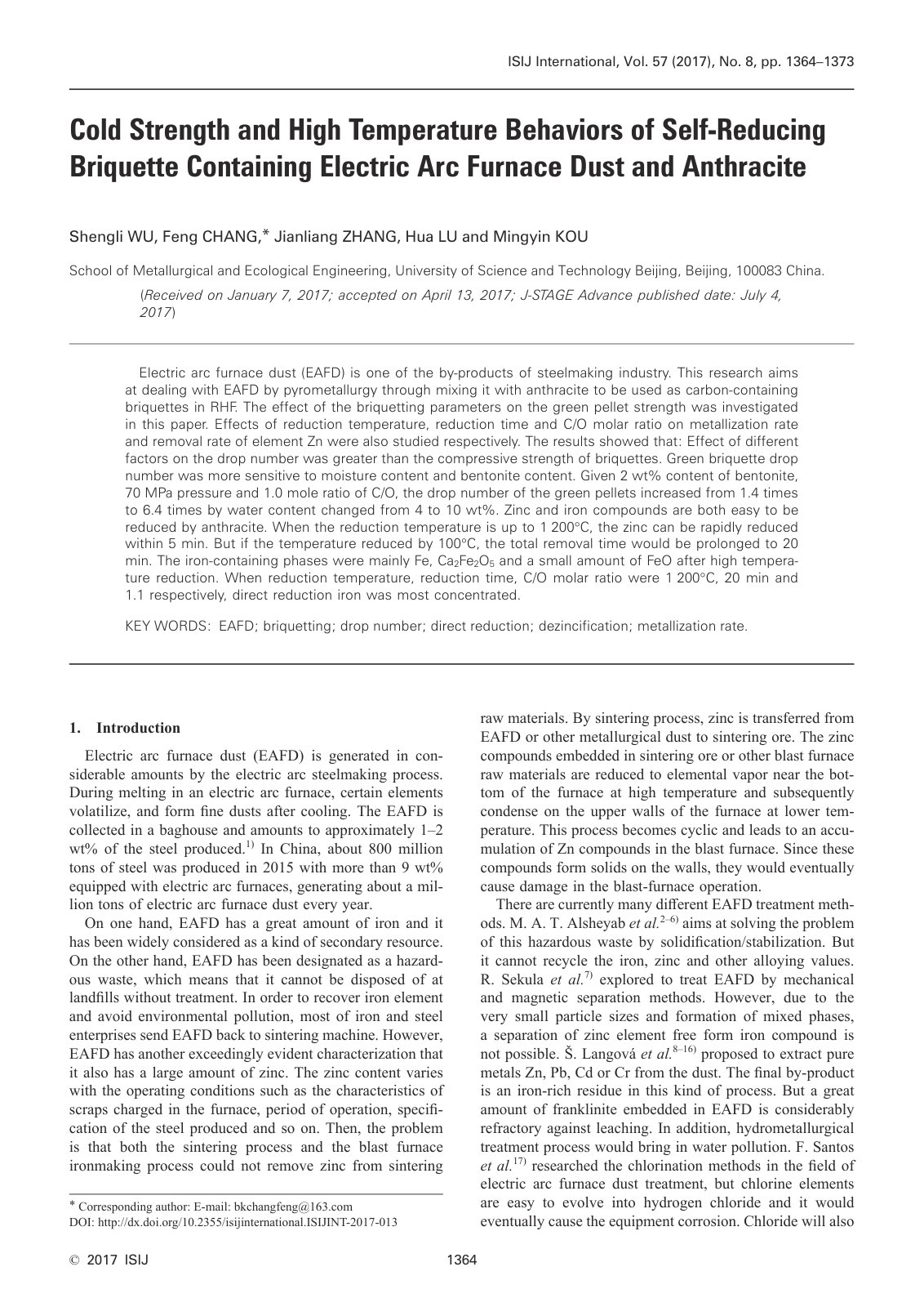 First page of 2017 Shengli Wu Cold Strength and High Temperature Behaviors of Self Reducing Briquette Containing Electric Arc Furnace D isijinternational.isijint 2017 013