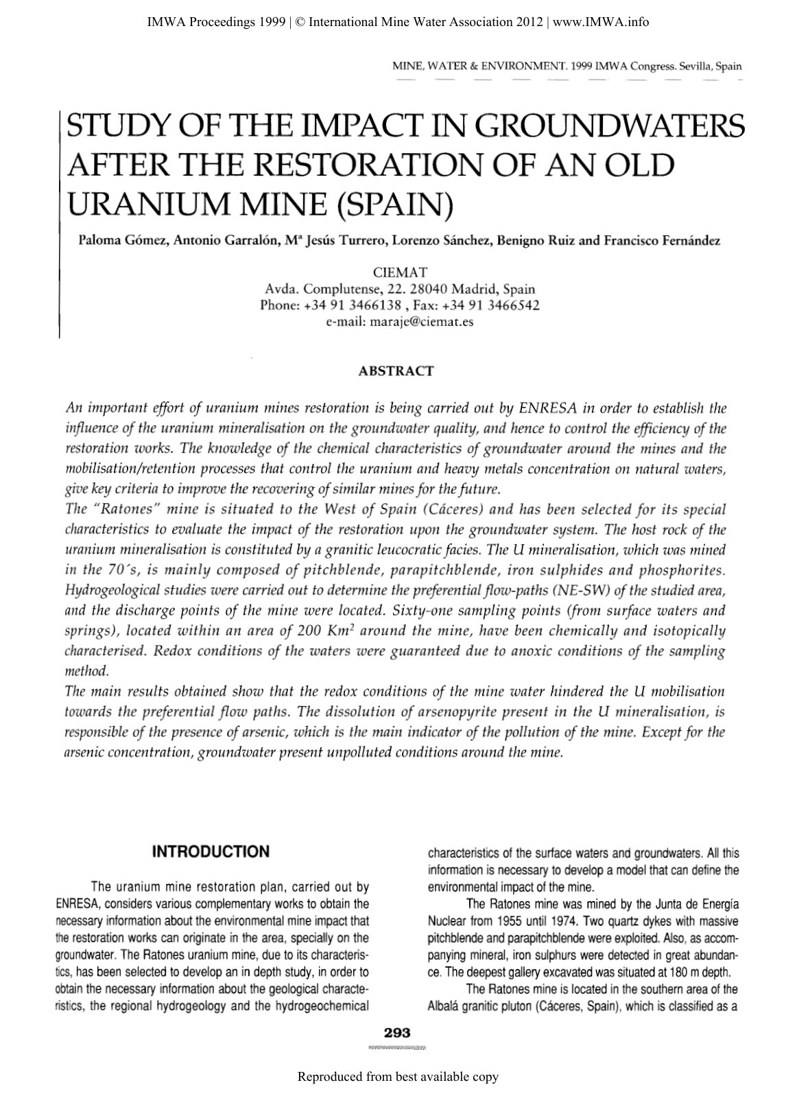 First page of STUDY OF THE IMPACT IN GROUNDWATERS AFTER THE RESTORATION OF AN OLD URANIUM MINE (SPAIN)
