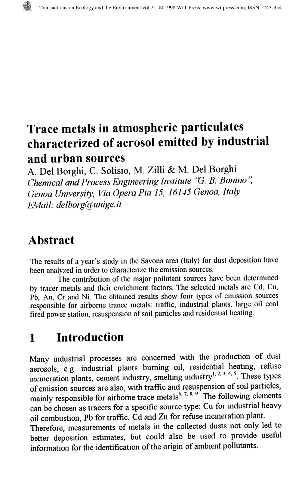 First page of Trace metals in atmospheric participates characterized of aerosol emitted by industrial and urban sources