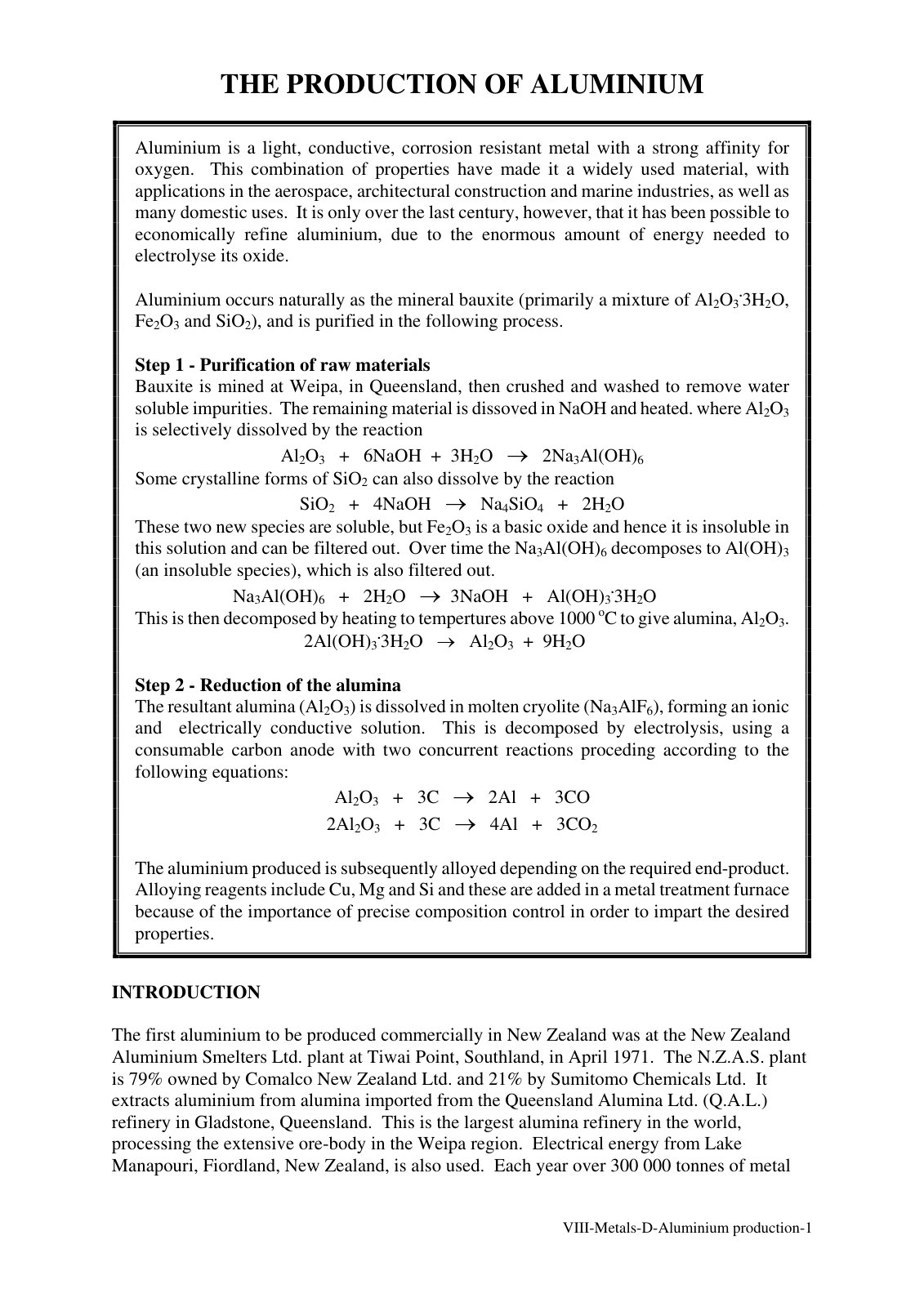 First page of VIII Metals D Aluminium production 1 THE