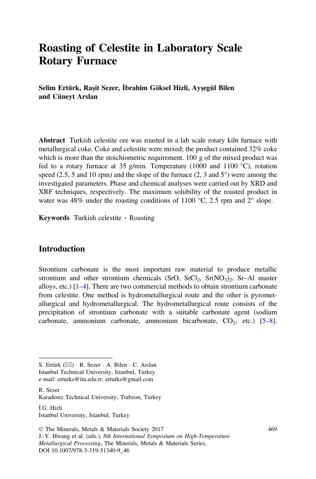 First page of Roasting of Celestite in Laboratory Scale Rotary Furnace
