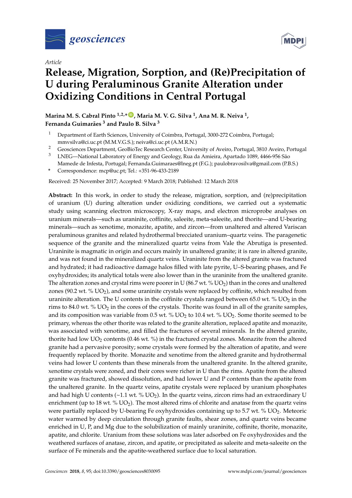 First page of Release, Migration, Sorption, and (Re)Precipitation of U during Peraluminous Granite Alteration under Oxidizing Conditions in Central Portugal