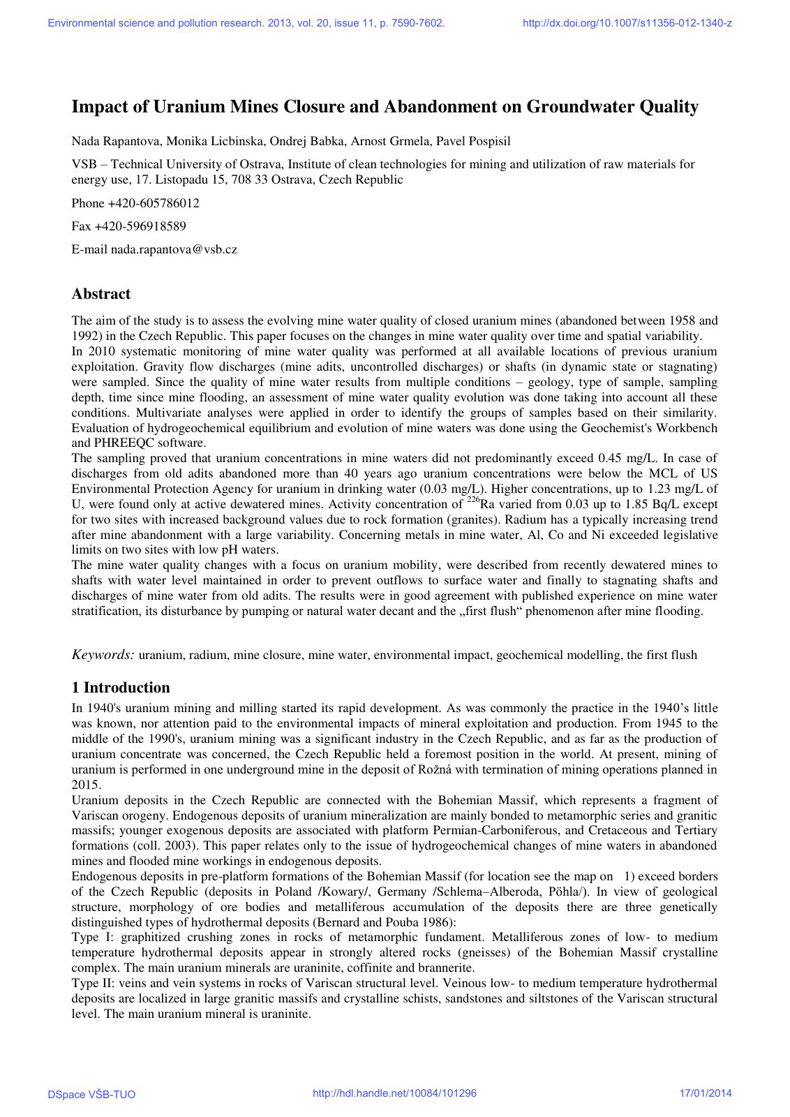 First page of Impact of Uranium Mines Closure and Abandonment on Groundwater Quality