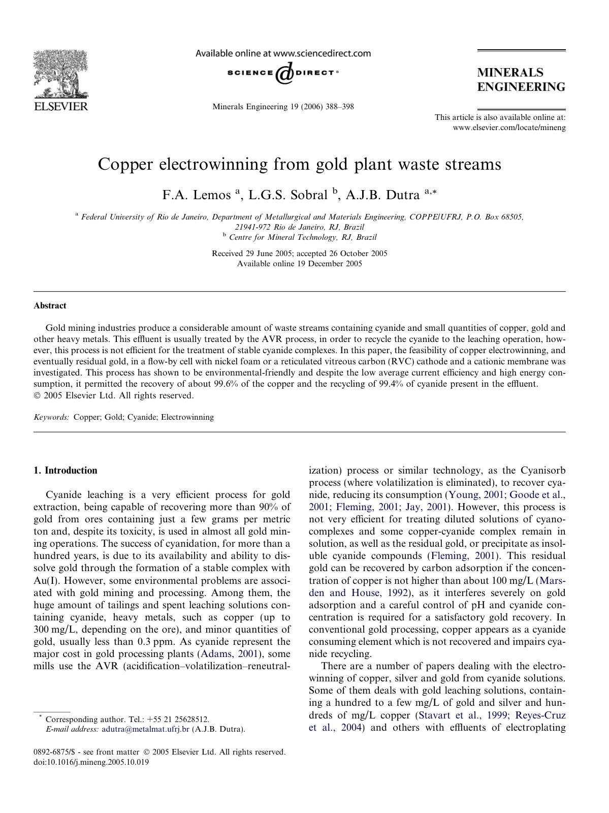 First page of Copper electrowinning from gold plant wa