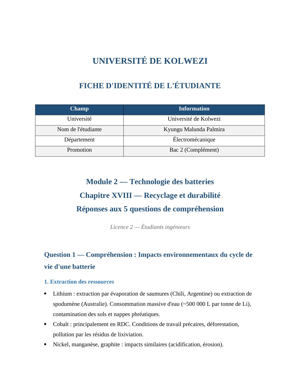 First page of Recyclage Durabilite Batteries Reponses