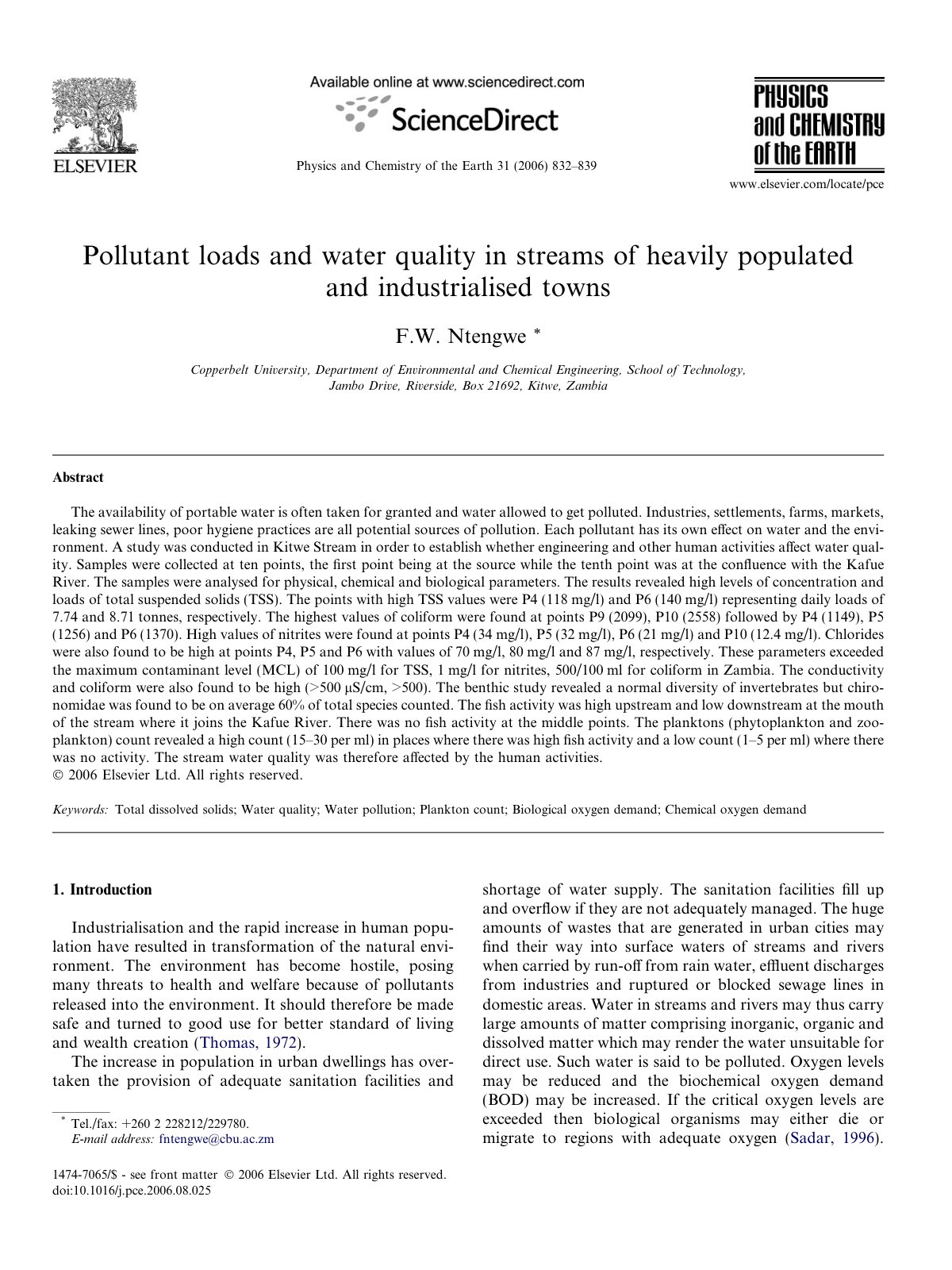 First page of Pollutant loads and water quality in str