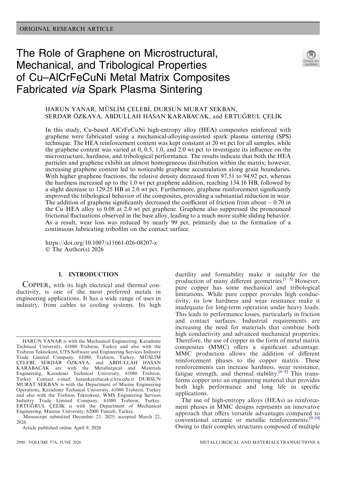First page of The Role of Graphene on Microstructural, Mechanical, and Tribological Properties of Cu–AlCrFeCuNi Metal Matrix Composites Fabricated via Spark Plasma Sintering