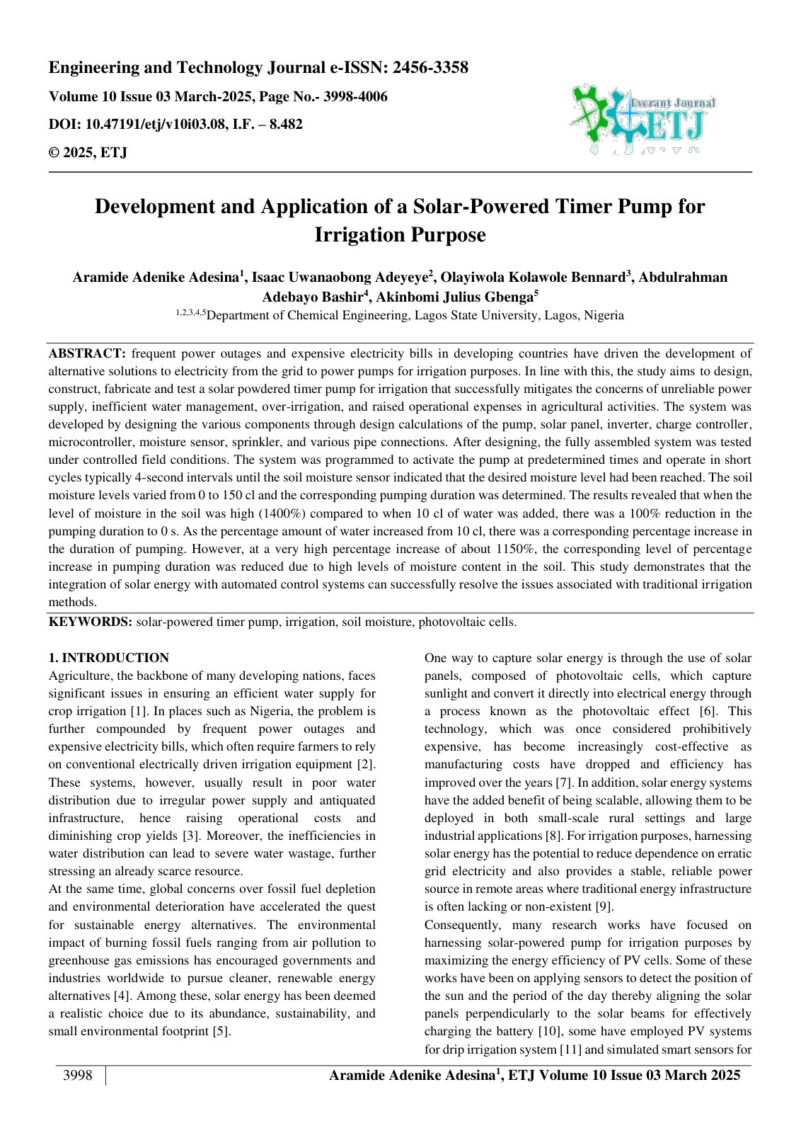 First page of Development and Application of a Solar-Powered Timer Pump for  Irrigation Purpose  