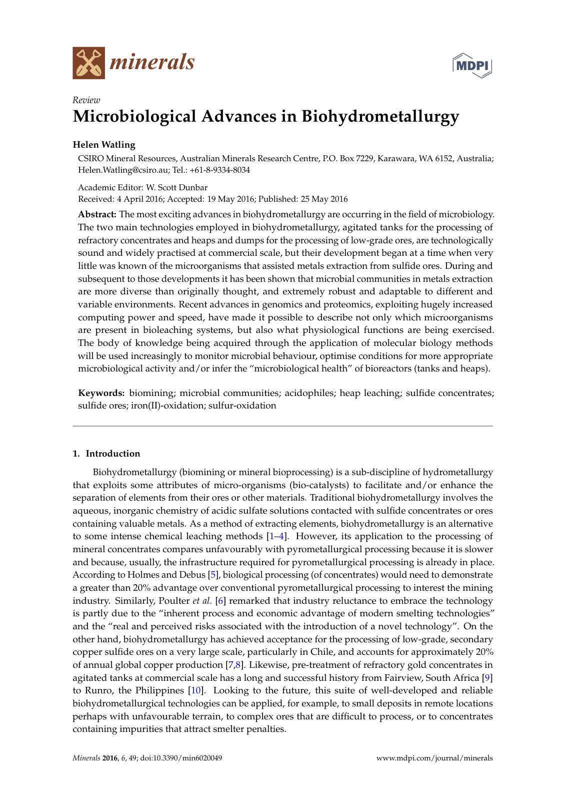 First page of Microbiological Advances in Biohydrometallurgy
