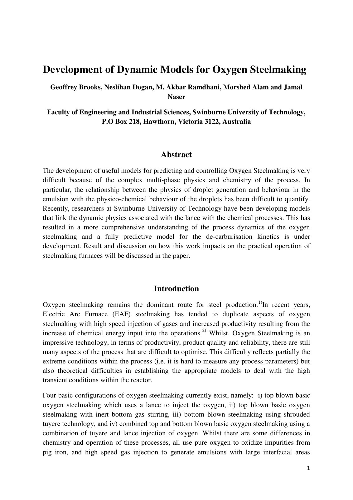 First page of Development of Dynamic Models for Oxygen Steelmaking