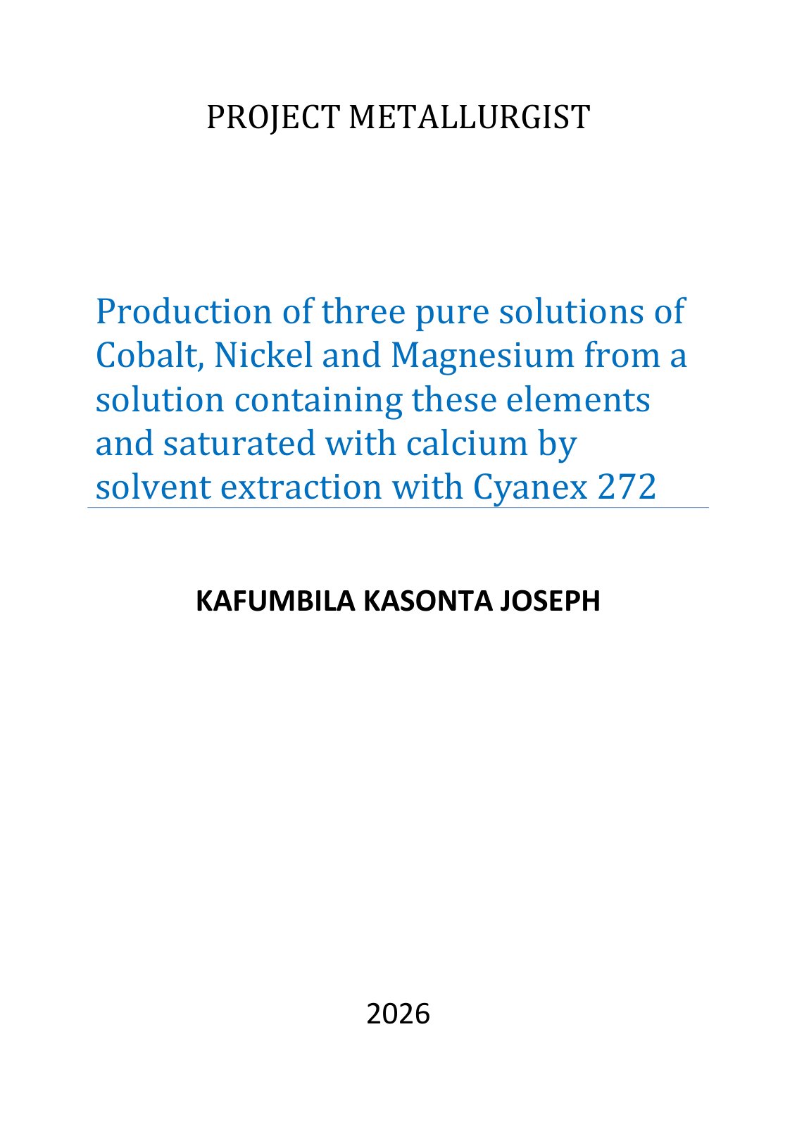 First page of Production of three pure solutions of Cobalt, Nickel and Magnesium from a solution containing these elements and saturated with calcium by solvent extraction with Cyanex 272