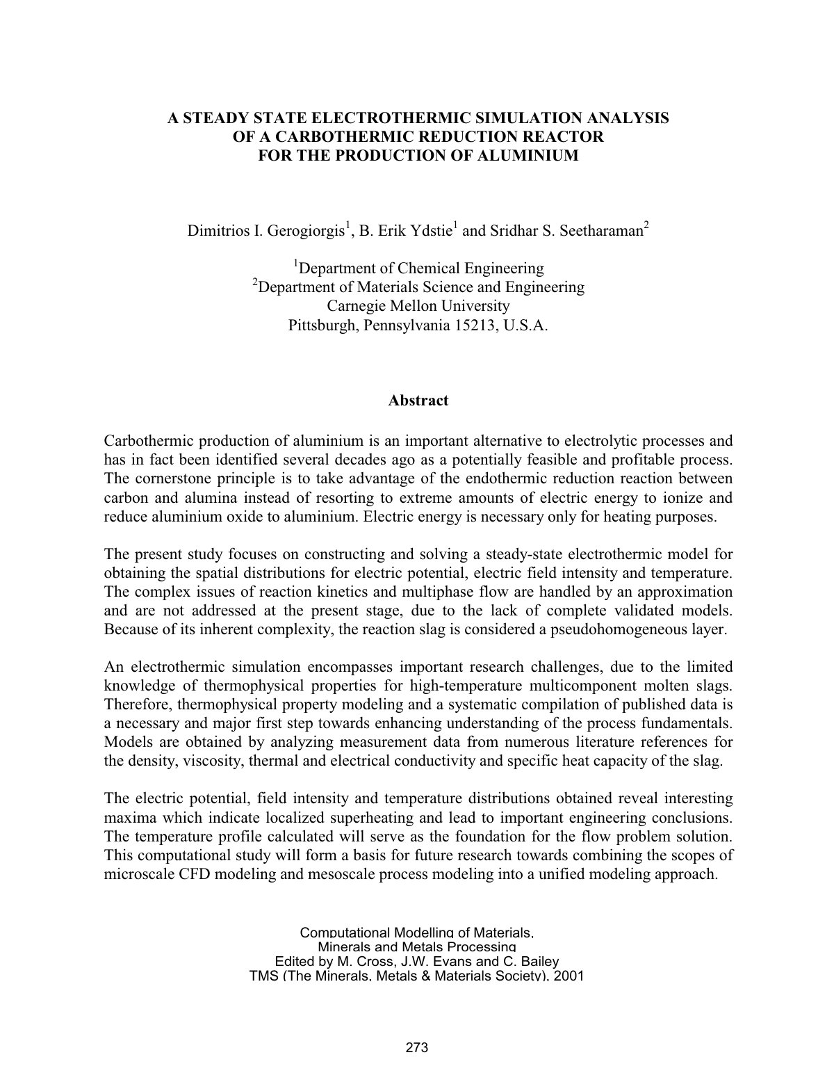 First page of A STEADY STATE ELECTROTHERMIC SIMULATION ANALYSIS OF A CARBOTHERMIC REDUCTION REACTOR FOR THE PRODUCTION OF ALUMINIUM