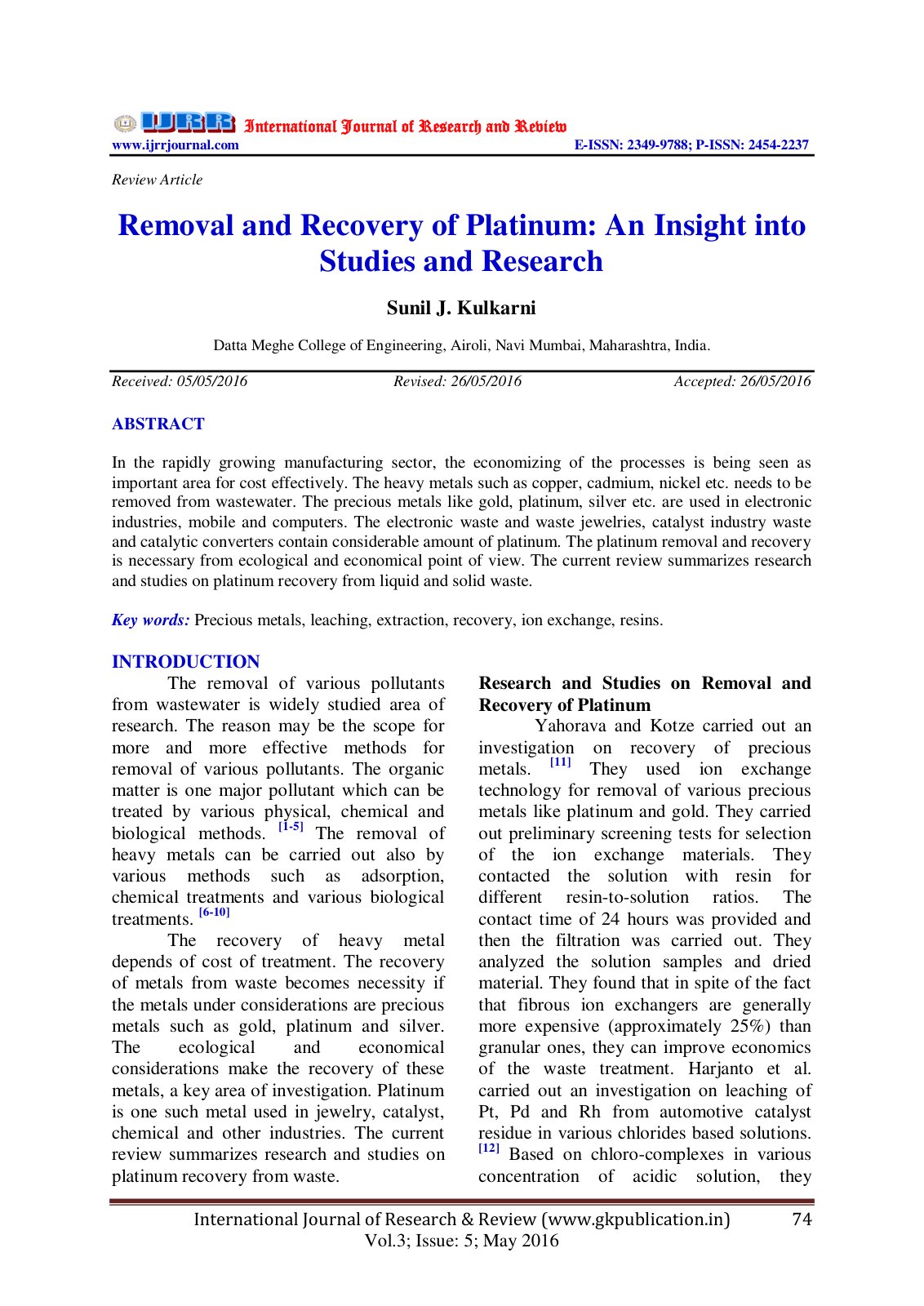 First page of Removal and Recovery of Platinum An Insi