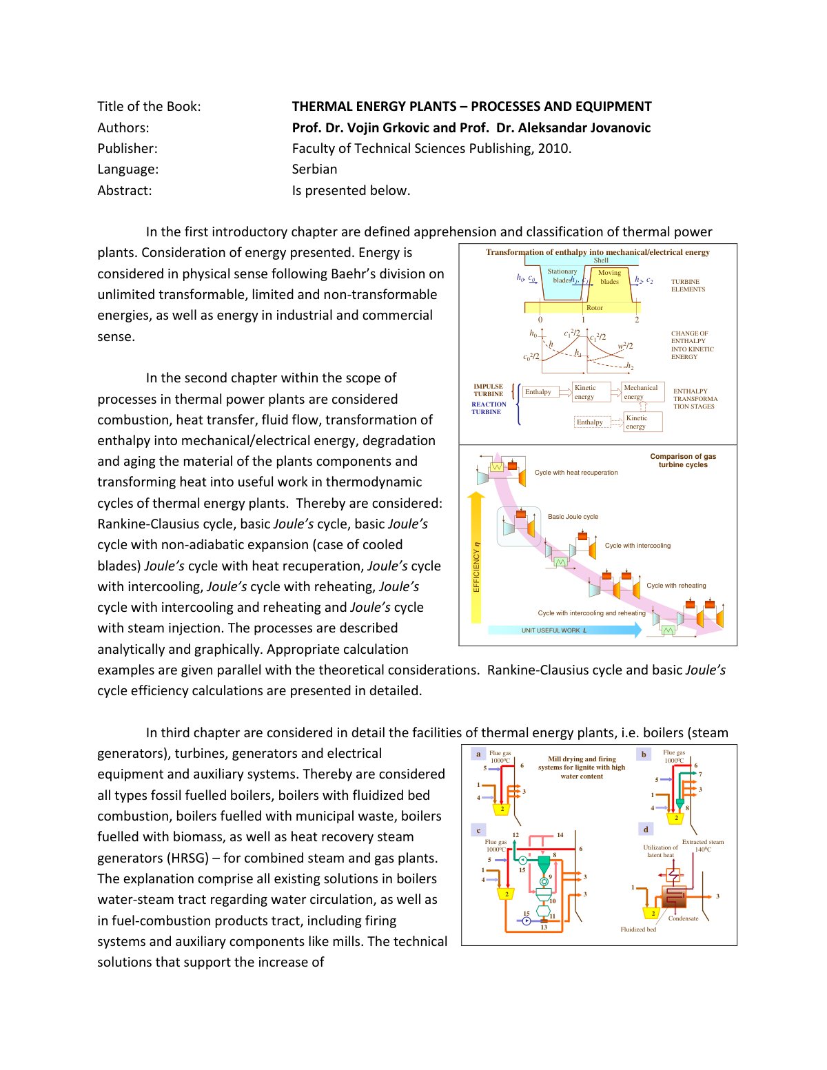 First page of Title of the Book THERMAL ENERGY PLANTS