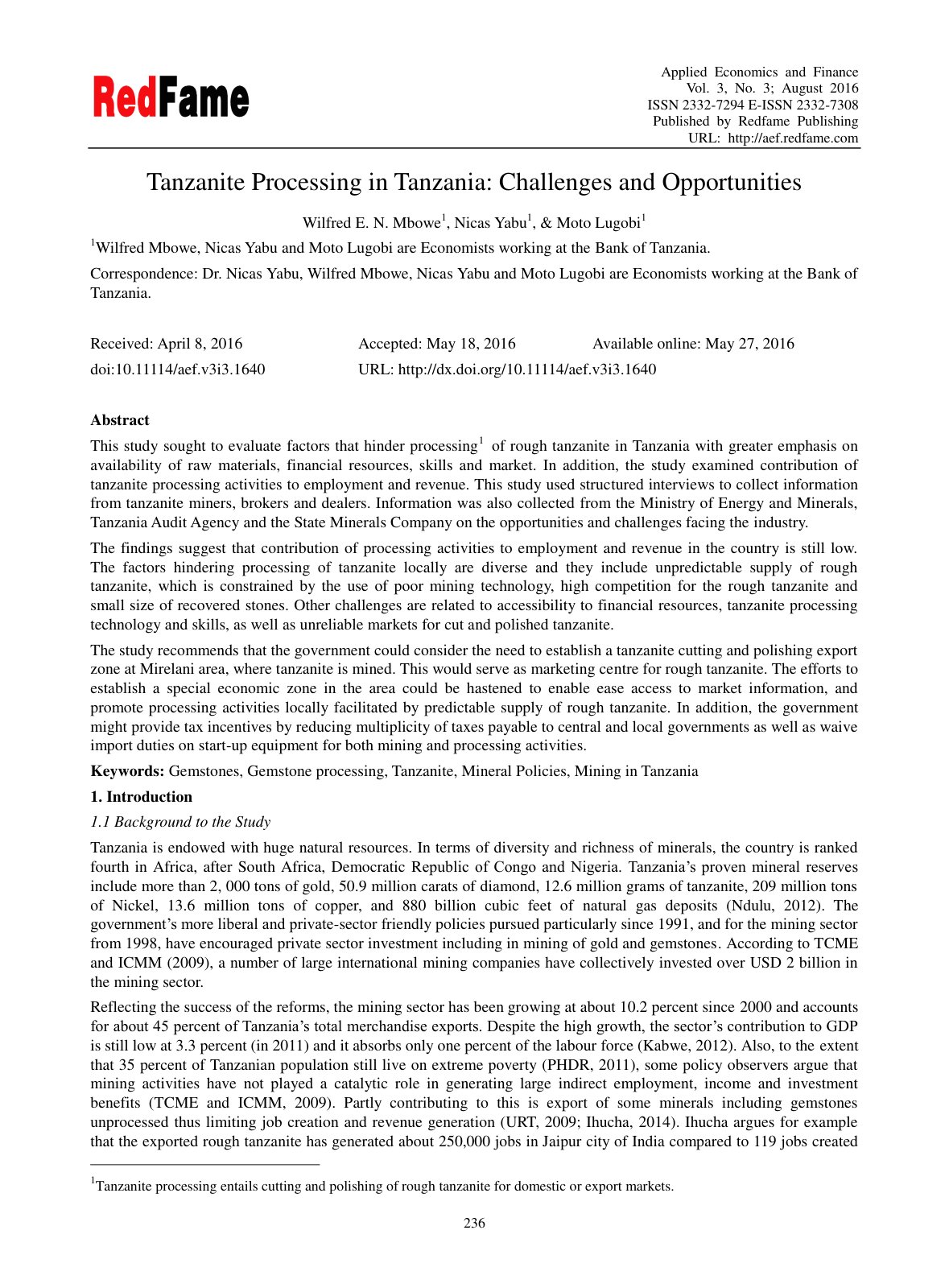 First page of Tanzanite Processing in Tanzania: Challenges and Opportunities