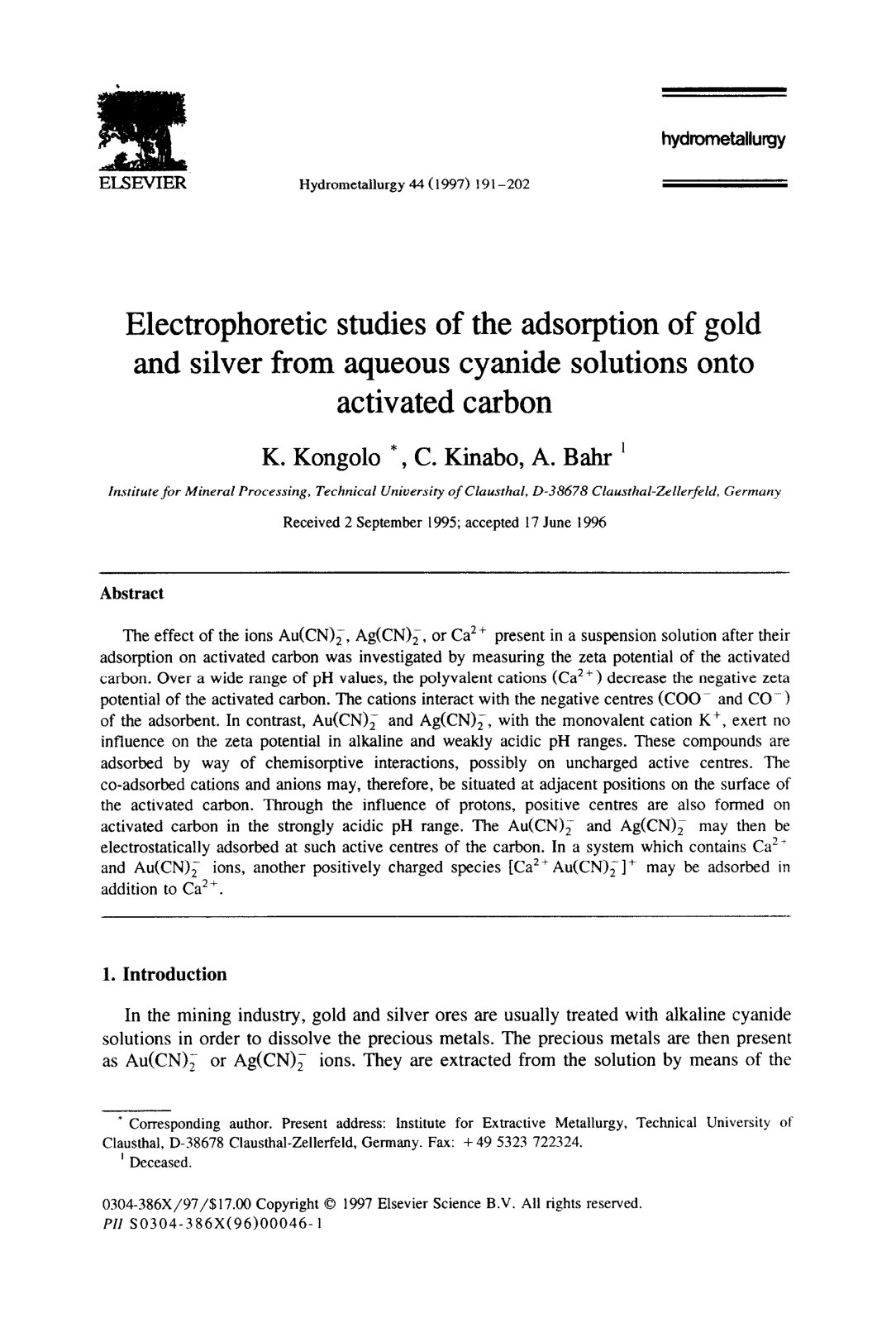 First page of Electrophoretic studies of the adsorption of gold and silver from aqueous cyanide solutions onto activated carbon