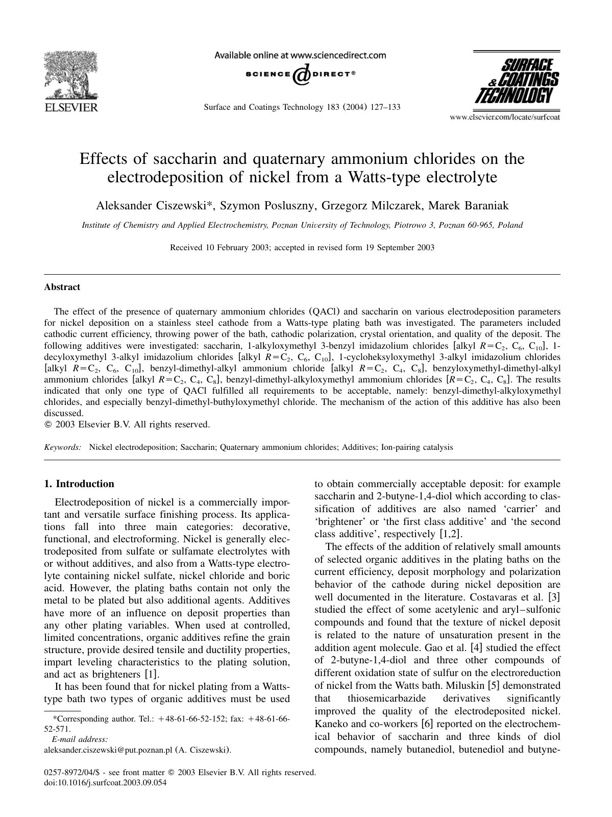 First page of Effects of saccharin and quaternary ammonium chlorides on the electrodeposition of nickel from a Watts-type electrolyte
