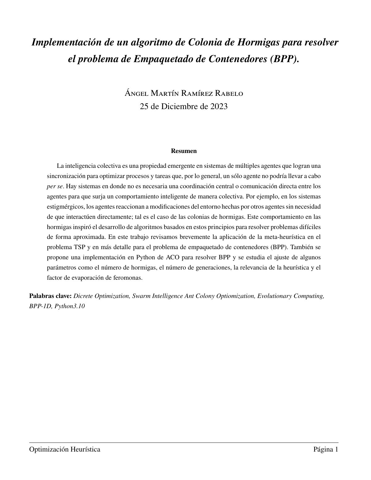 First page of Implementacion del algoritmo de colonia