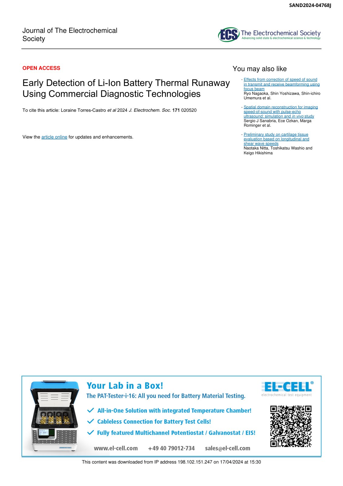 First page of Early Detection of Li-Ion Battery Thermal Runaway Using Commercial Diagnostic Technologies